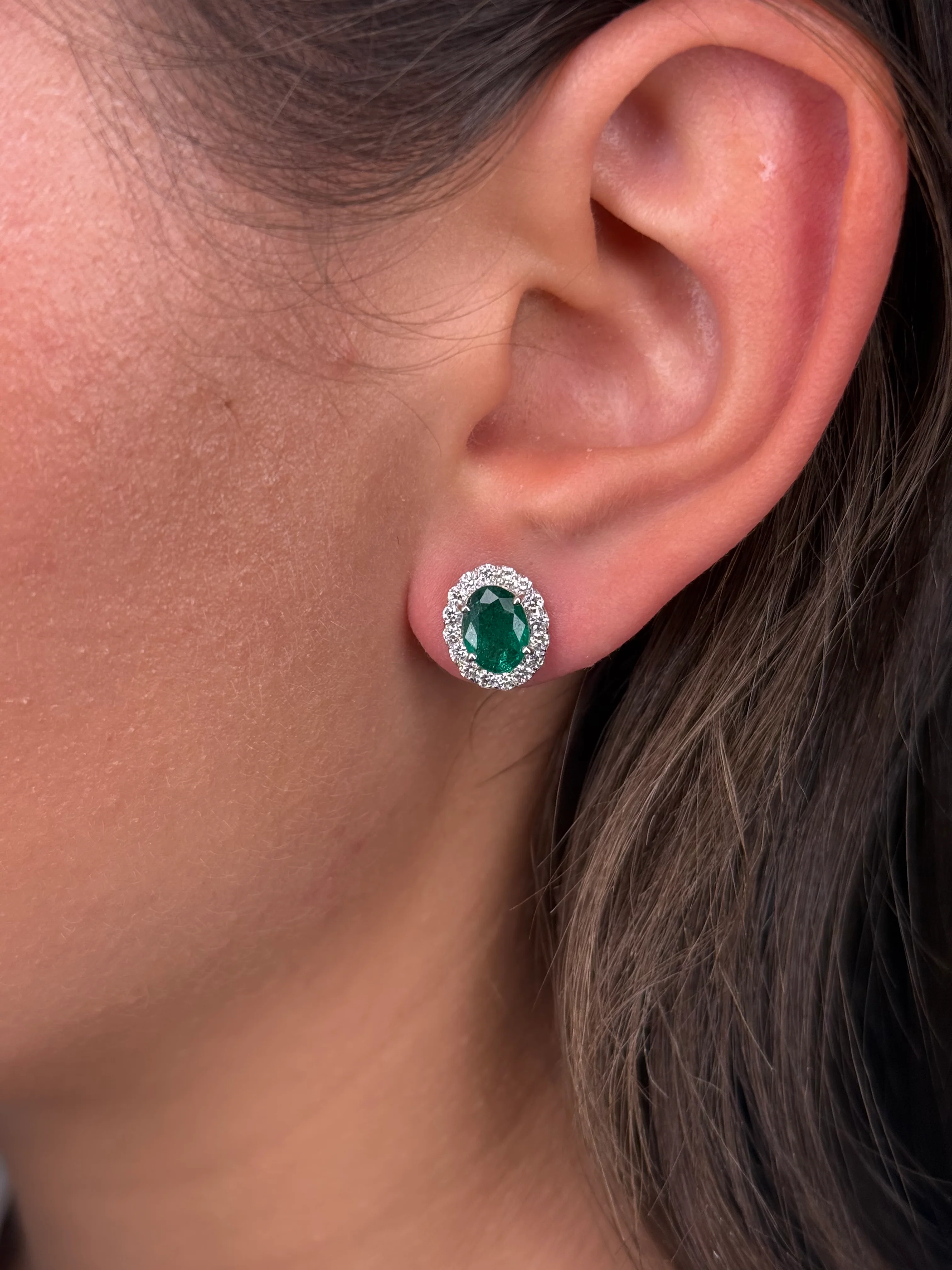 Ladies Oval Emerald and Round Diamond Halo Stud - Image 2