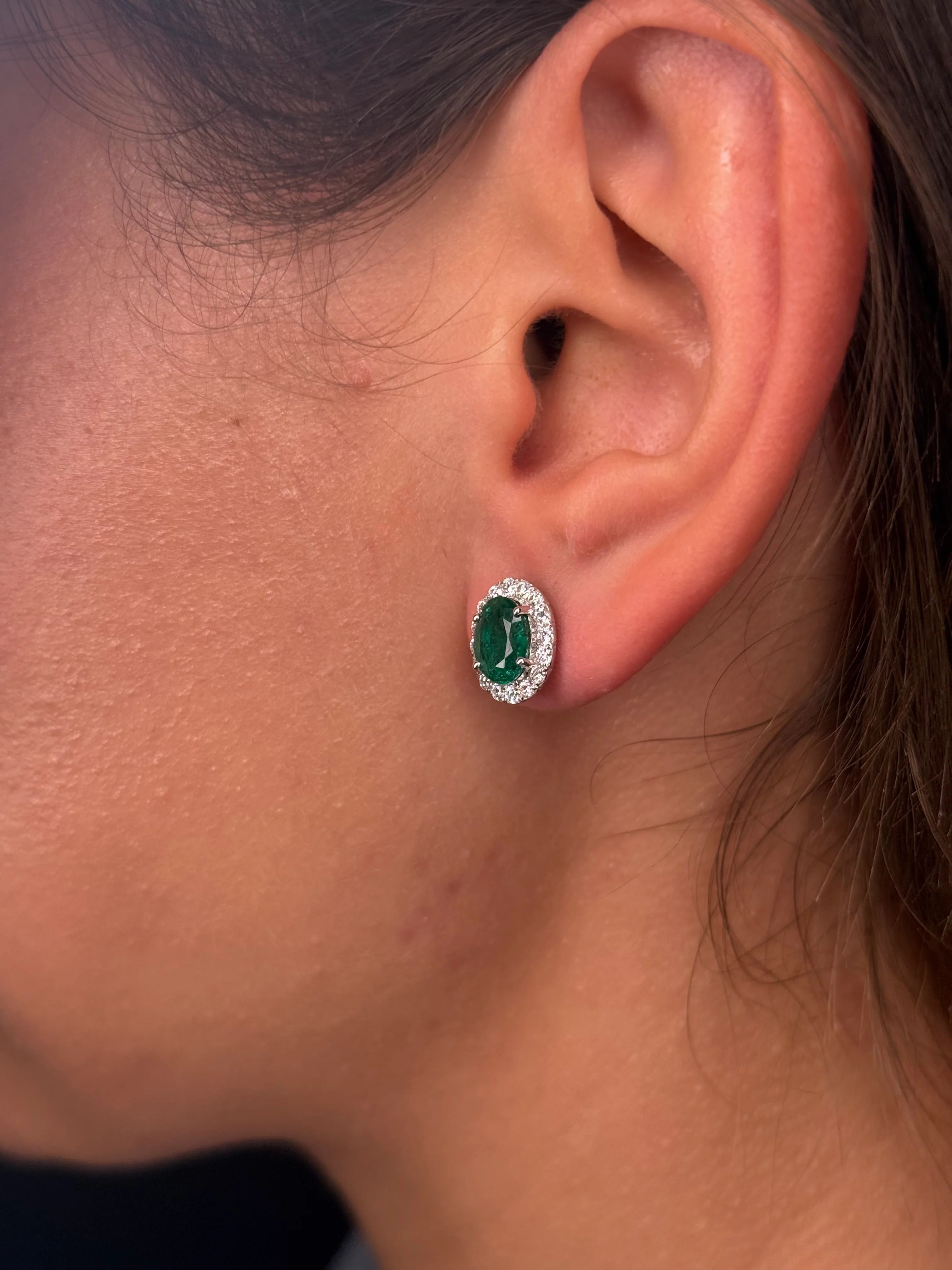 Ladies Oval Emerald and Round Diamond Halo Stud - Image 3