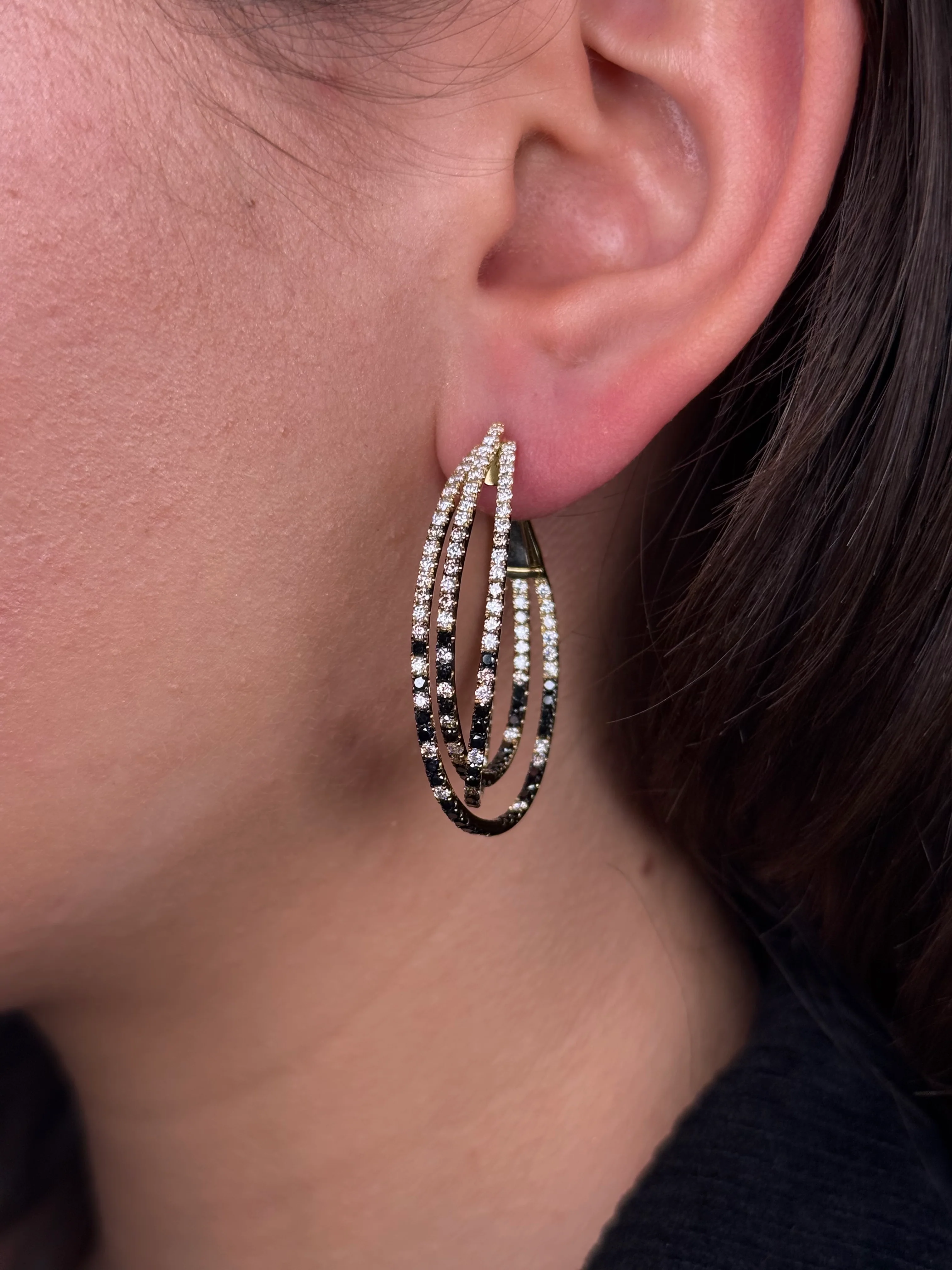 Ladies 3 Row Black and Champagne Oval Hoops - Image 2