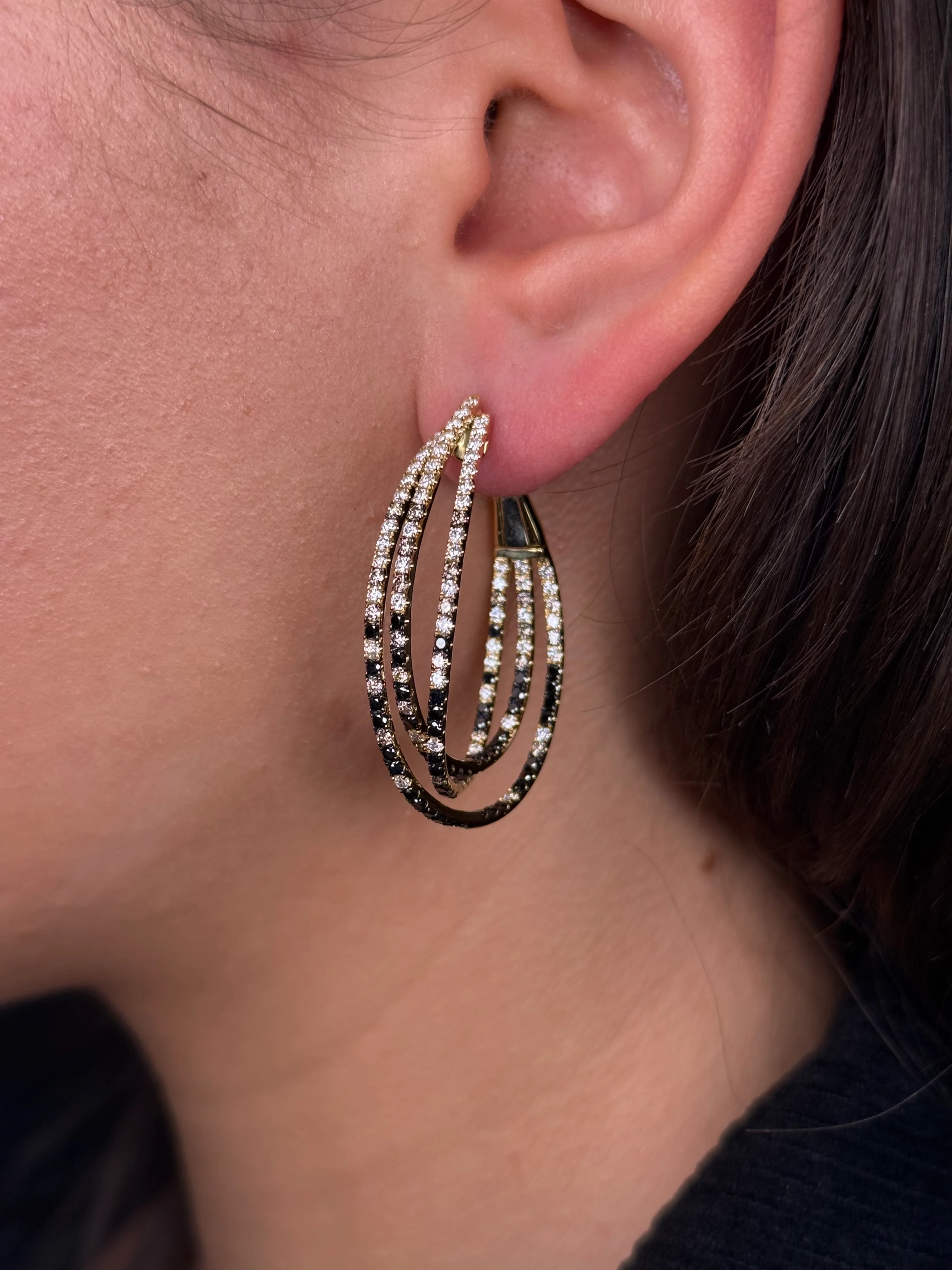 Ladies 3 Row Black and Champagne Oval Hoops - Image 3