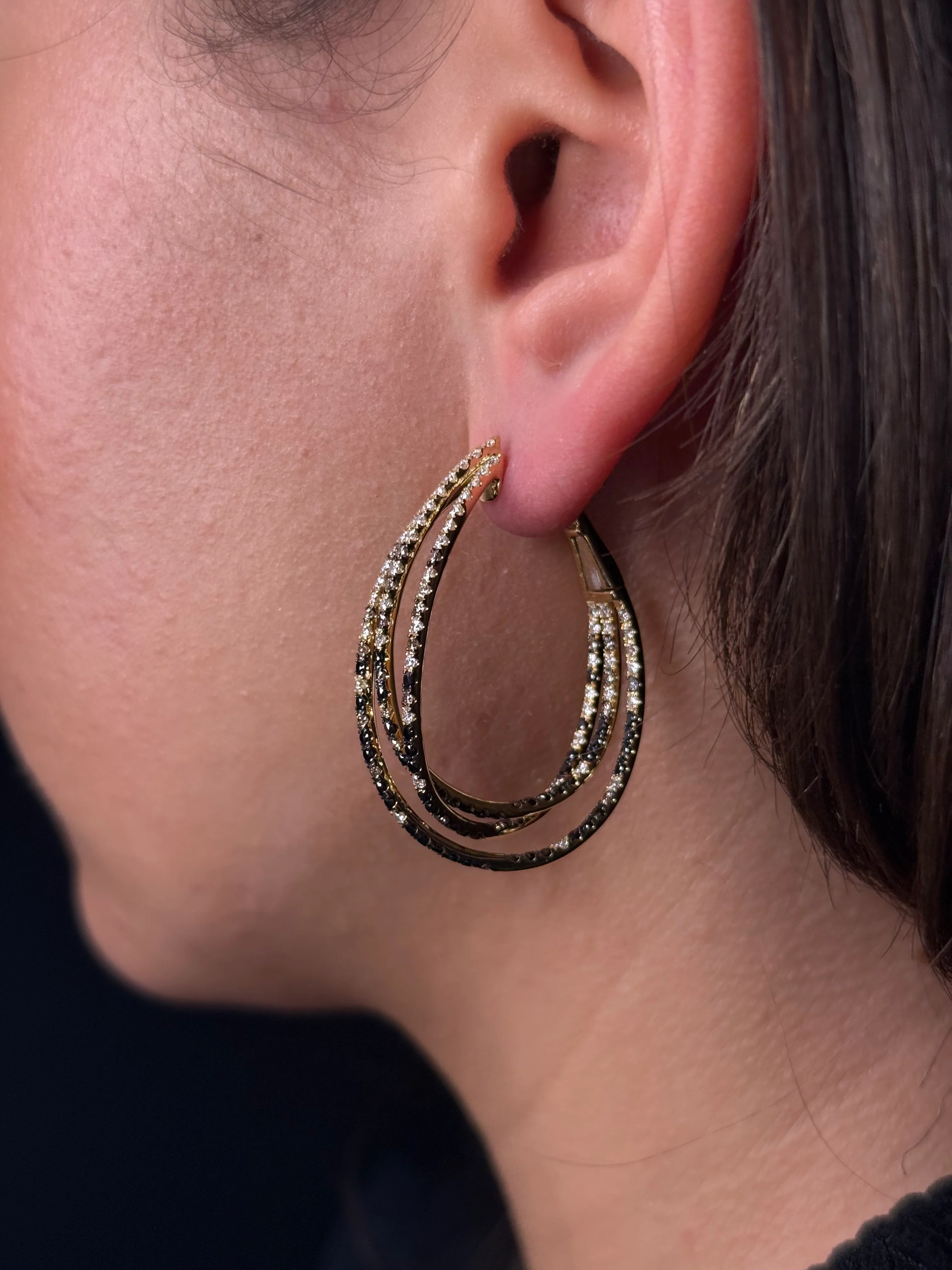 Ladies 3 Row Black and Champagne Oval Hoops - Image 4