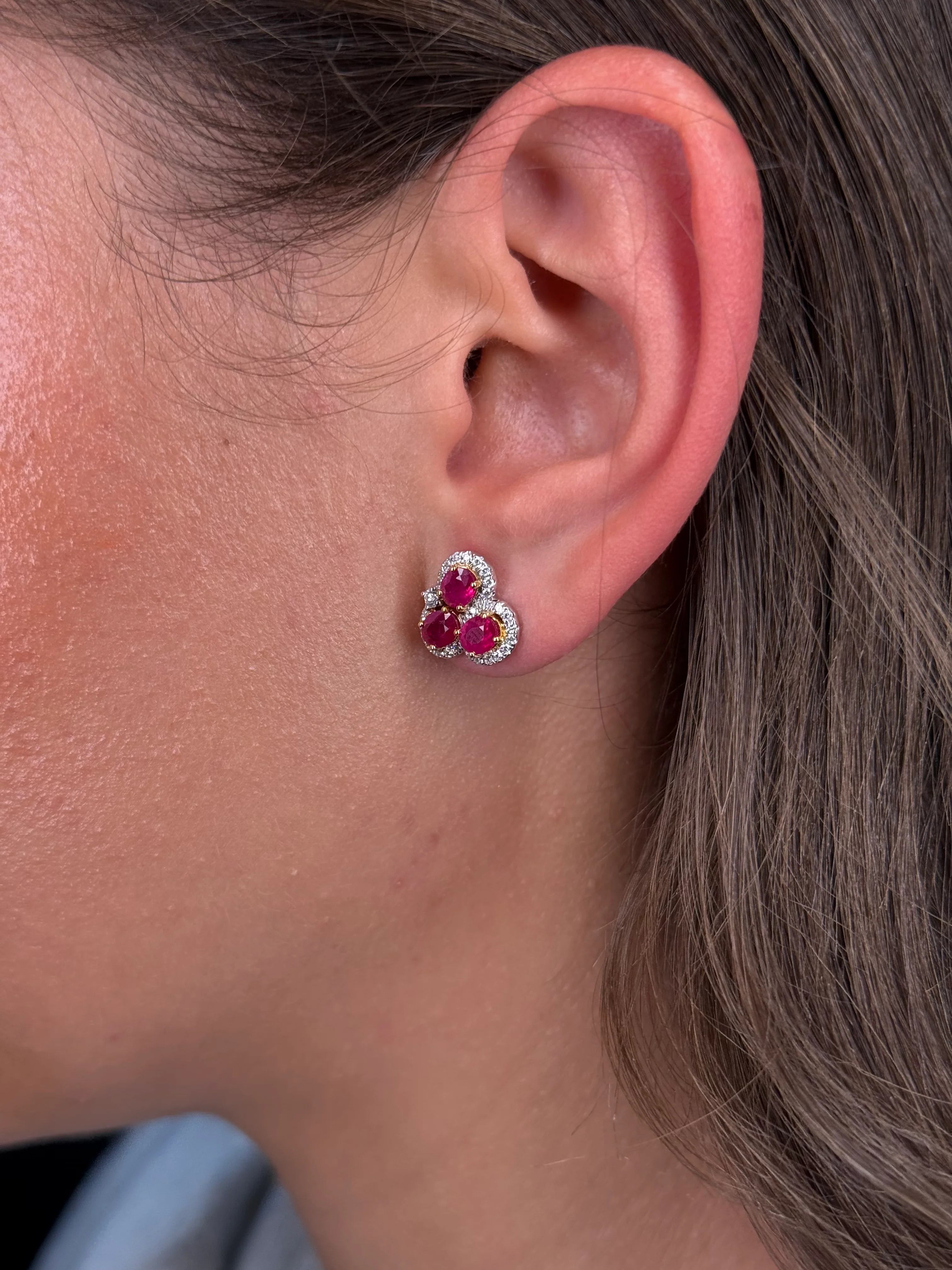 Ladies 3 Ruby Stone Halo Stud Earring - Image 2