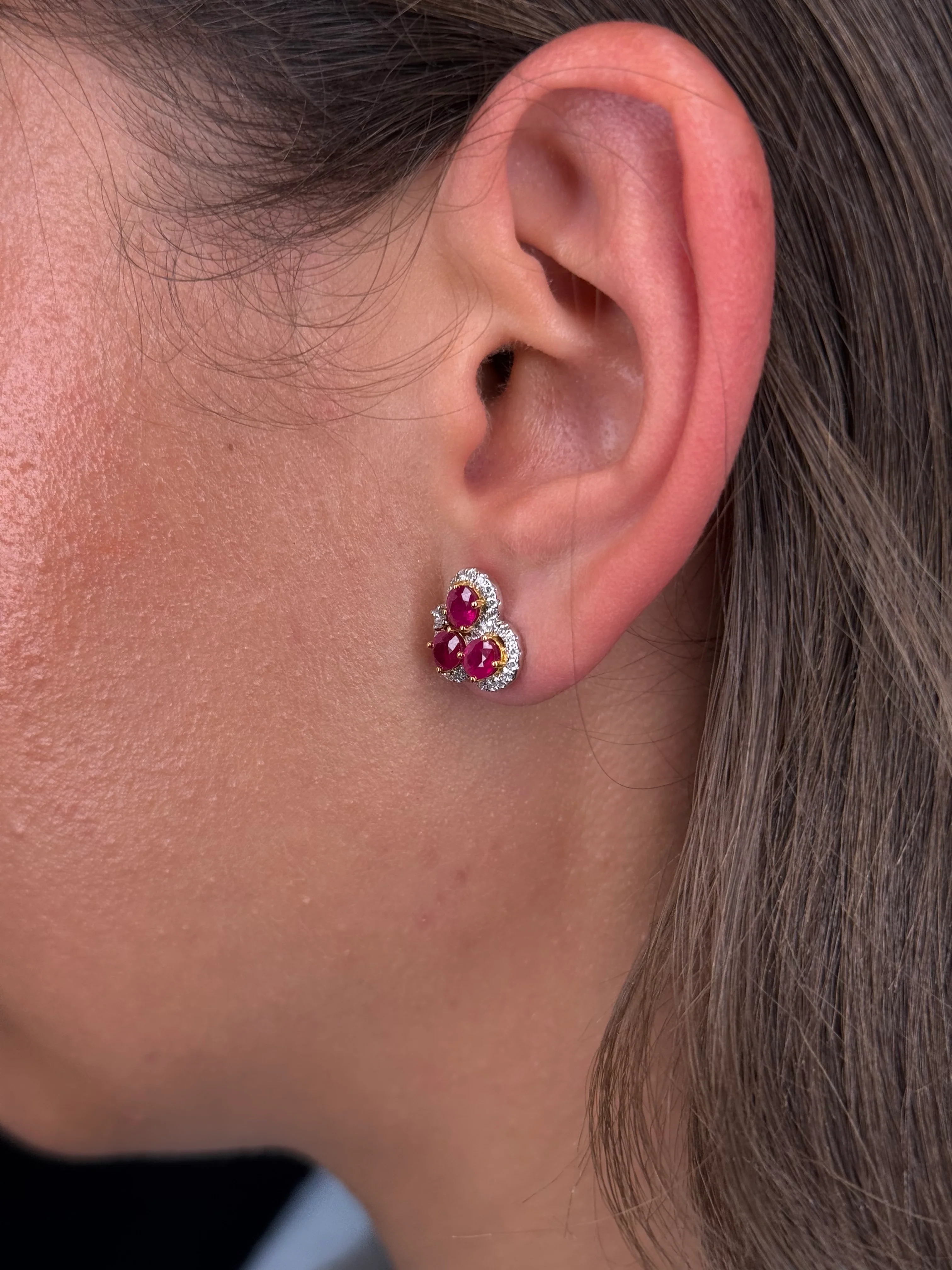 Ladies 3 Ruby Stone Halo Stud Earring - Image 3