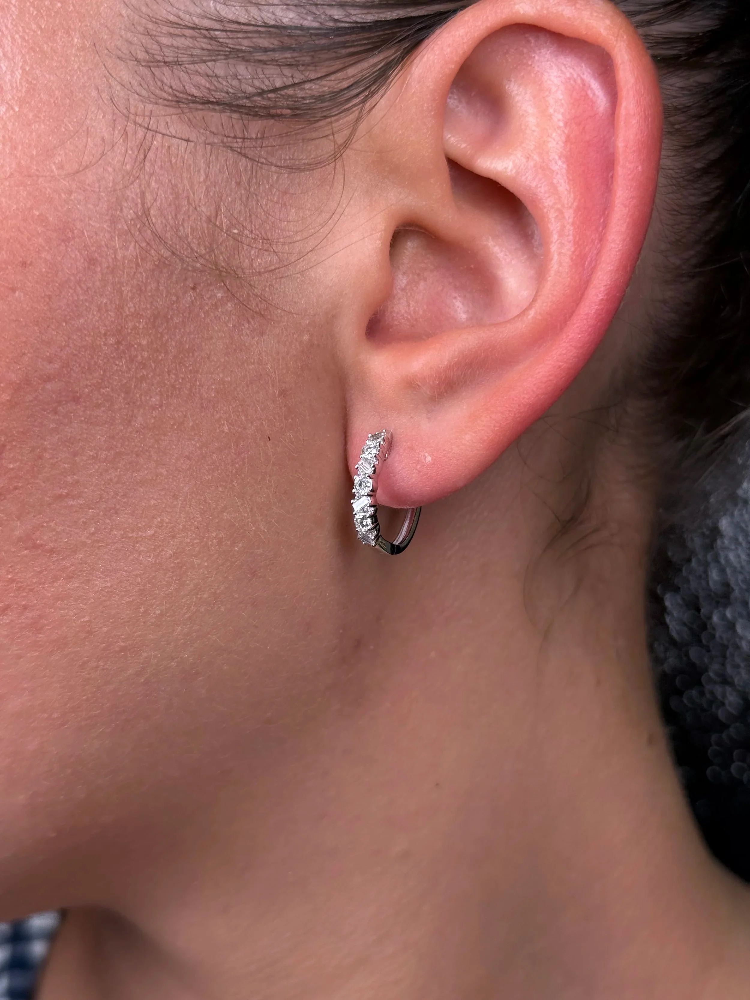 Ladies Alternating Baguette and Round Diamond Huggie - Image 3