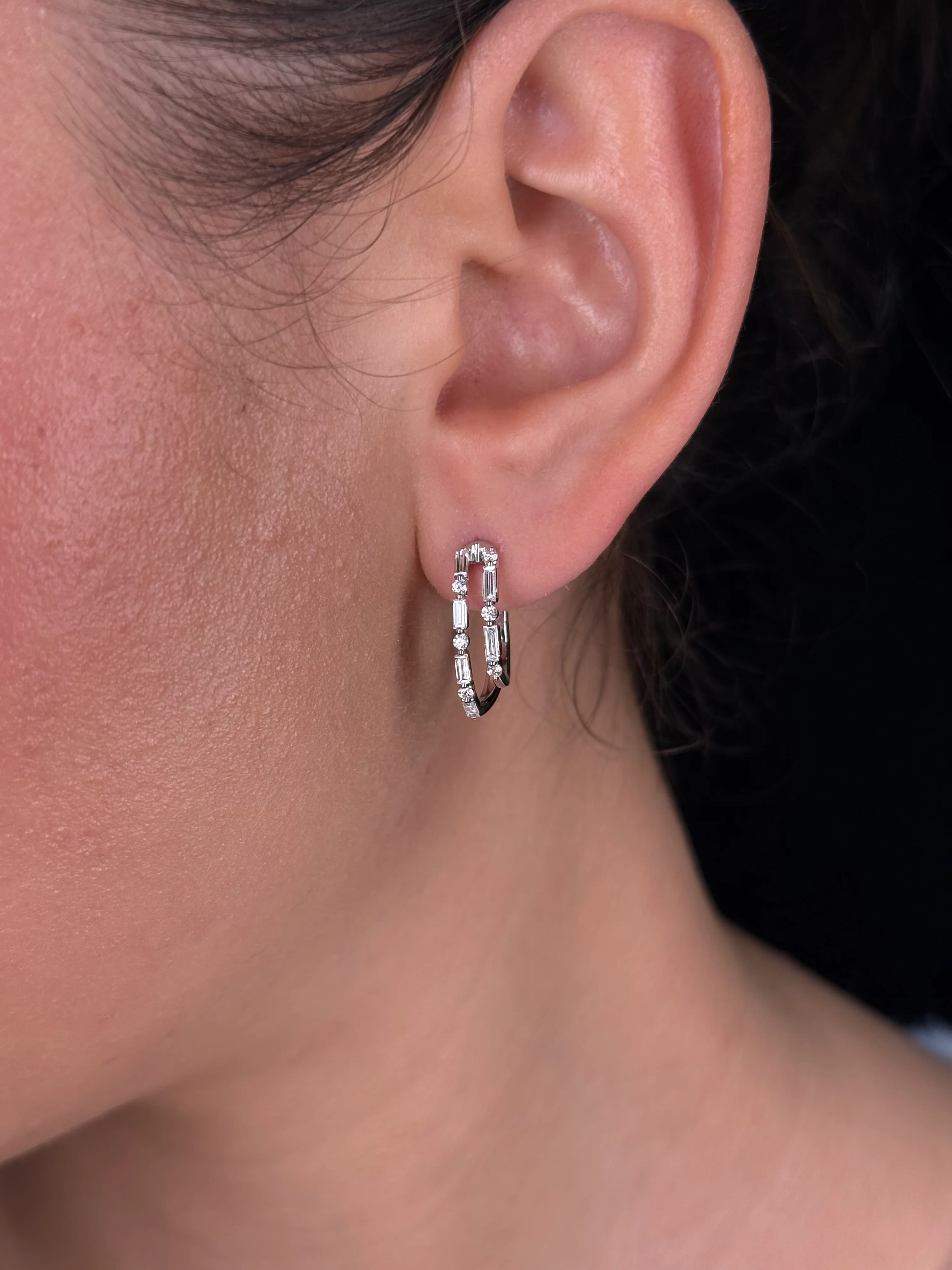 Ladies Double Alternating Baguette and Round Diamond Huggie - Image 2