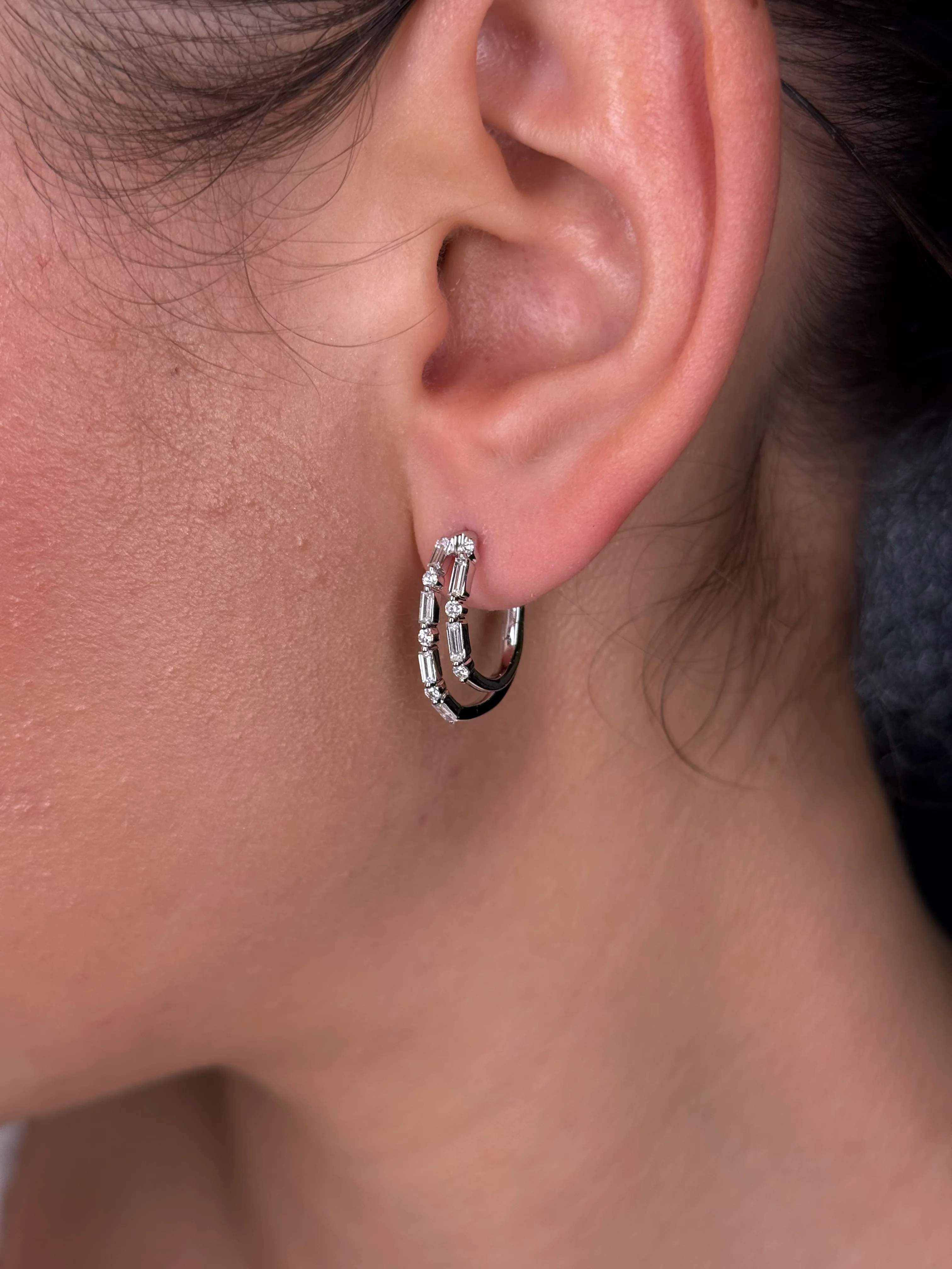 Ladies Double Alternating Baguette and Round Diamond Huggie - Image 3
