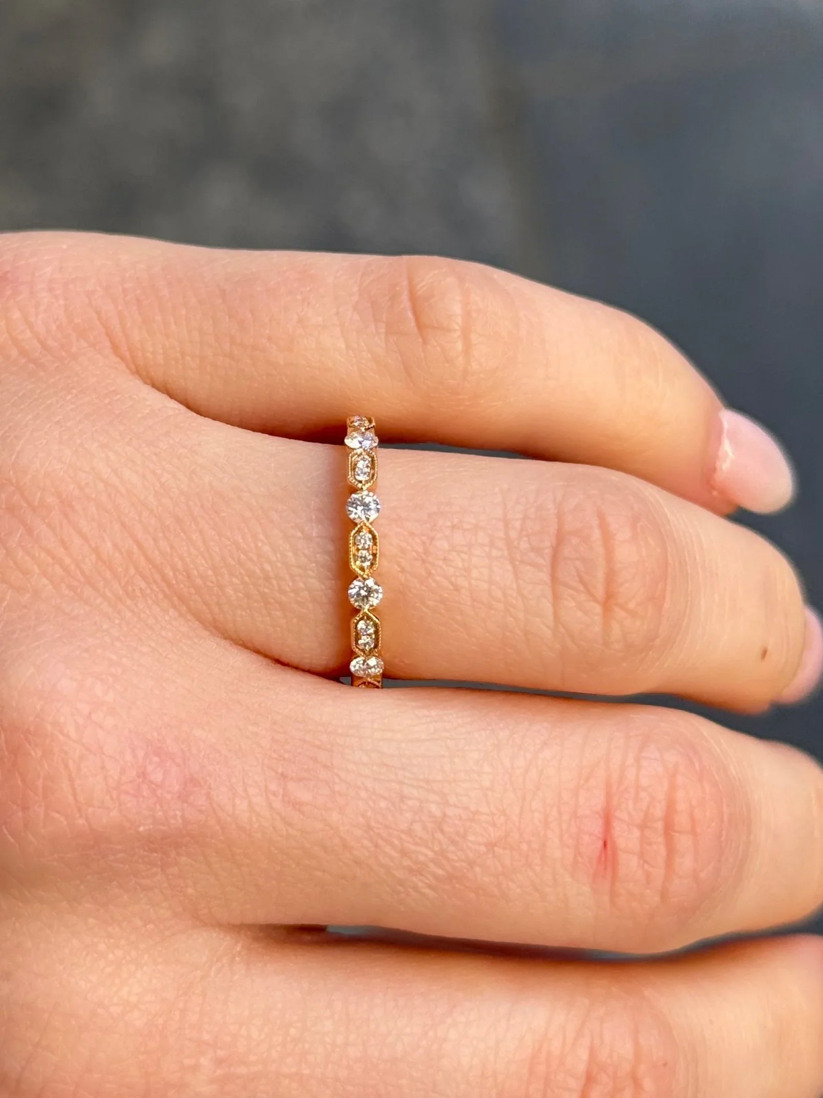Ladies Alternating Double Stone Milgrain and Bezel Set Wedding Band
