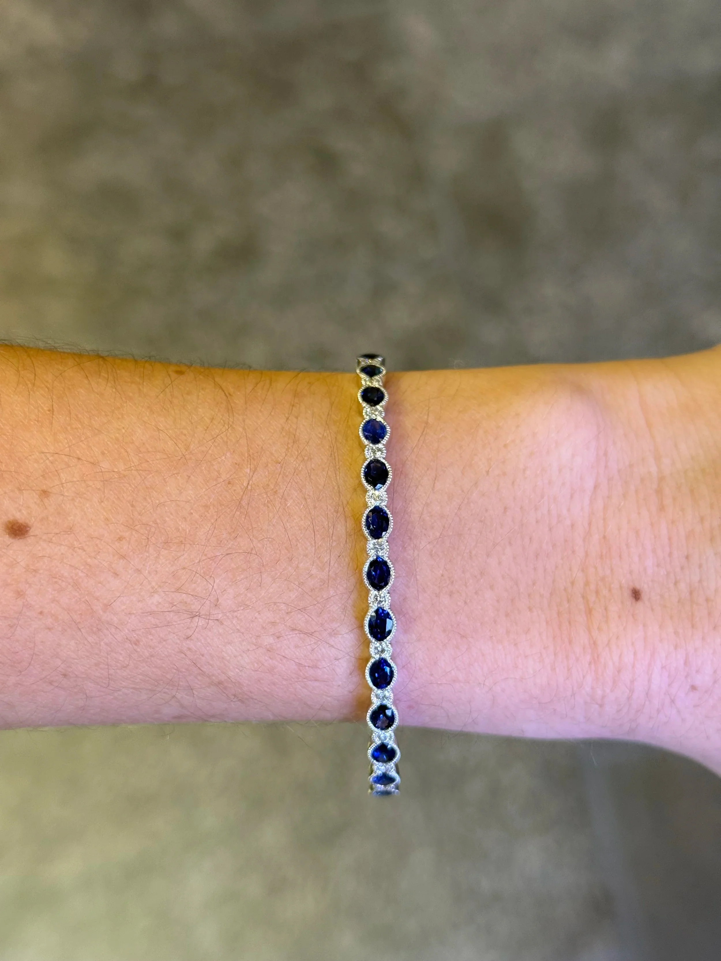 Ladies Alternating Round Diamond and Sapphire Bangle with Milgrain Style - Image 2