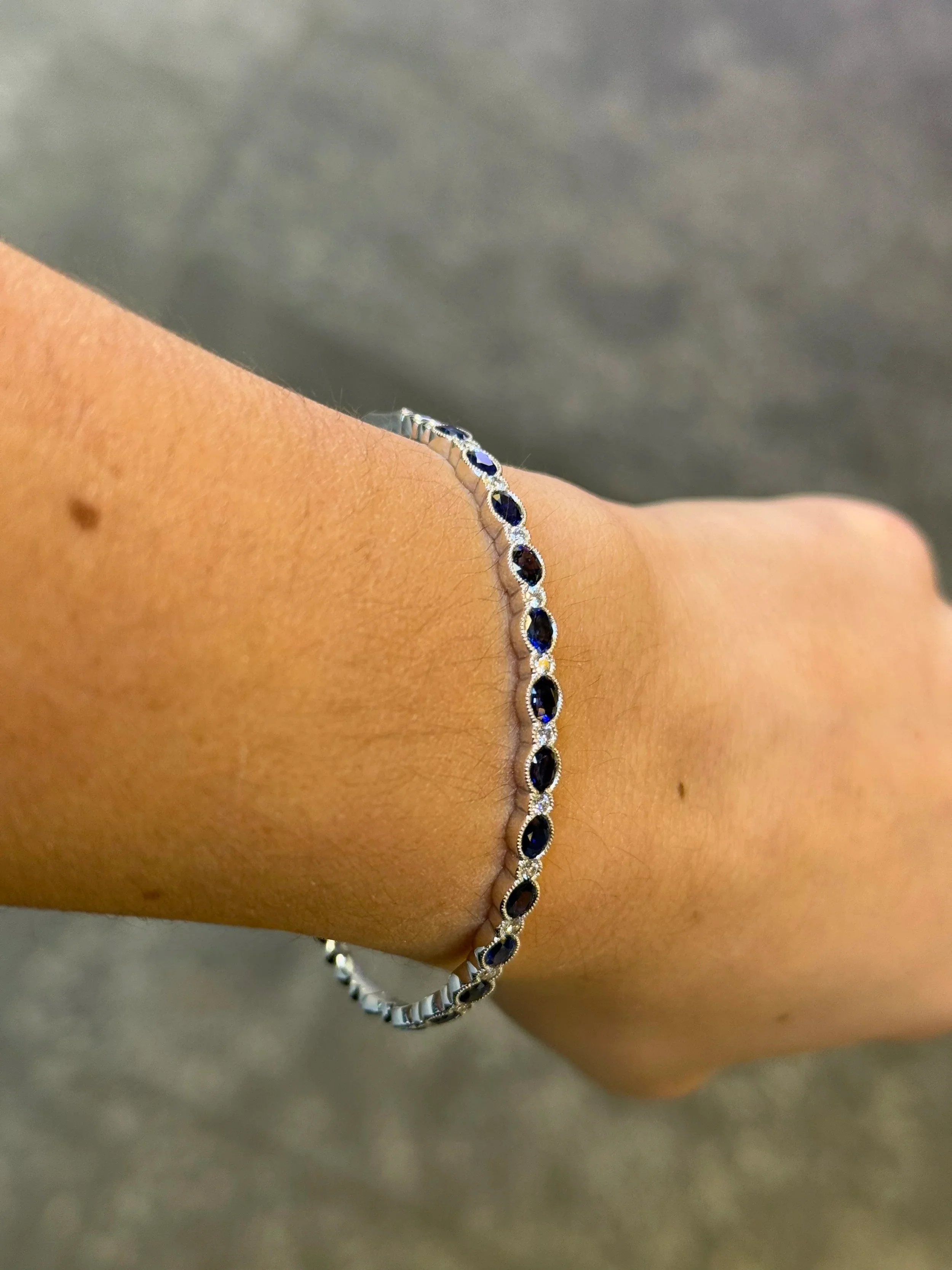 Ladies Alternating Round Diamond and Sapphire Bangle with Milgrain Style - Image 3