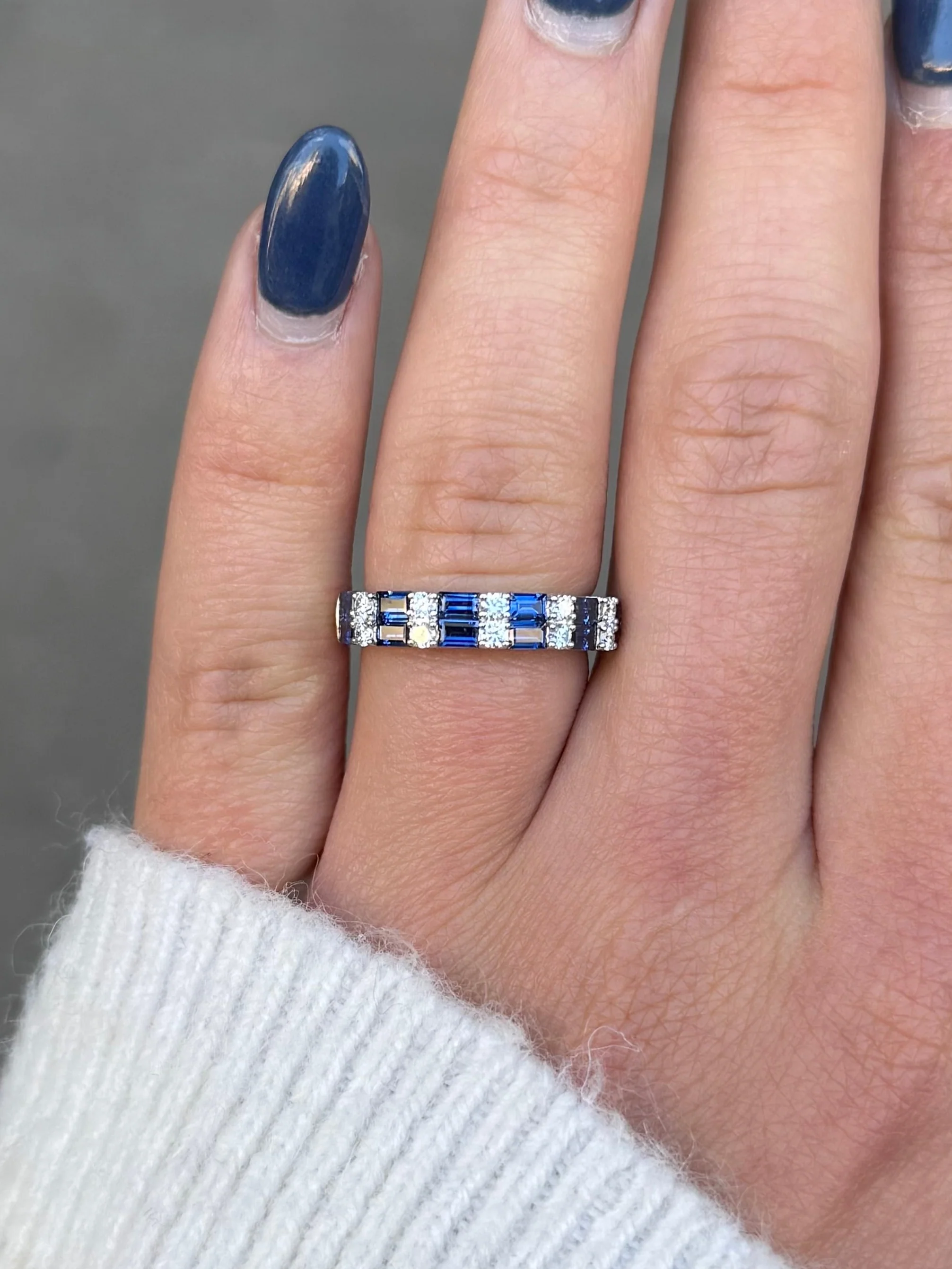 Ladies Alternating Sapphire Baguette and Round Diamond Ring