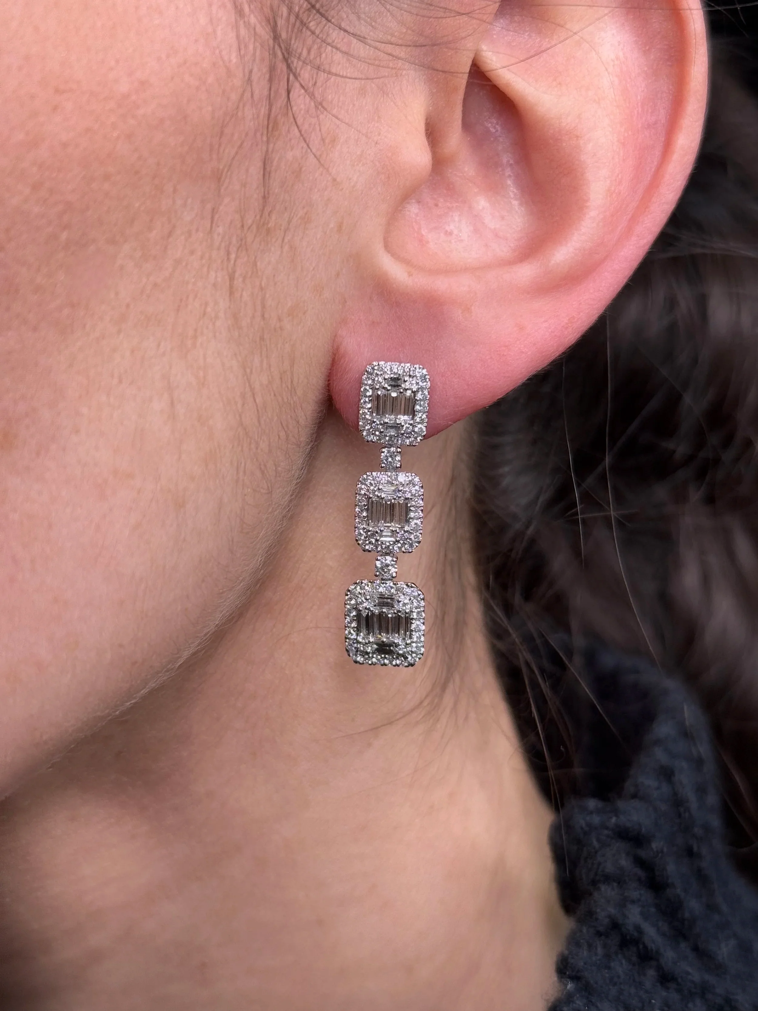 Ladies Ascending Round and Baguette Diamond Earrings - Image 2