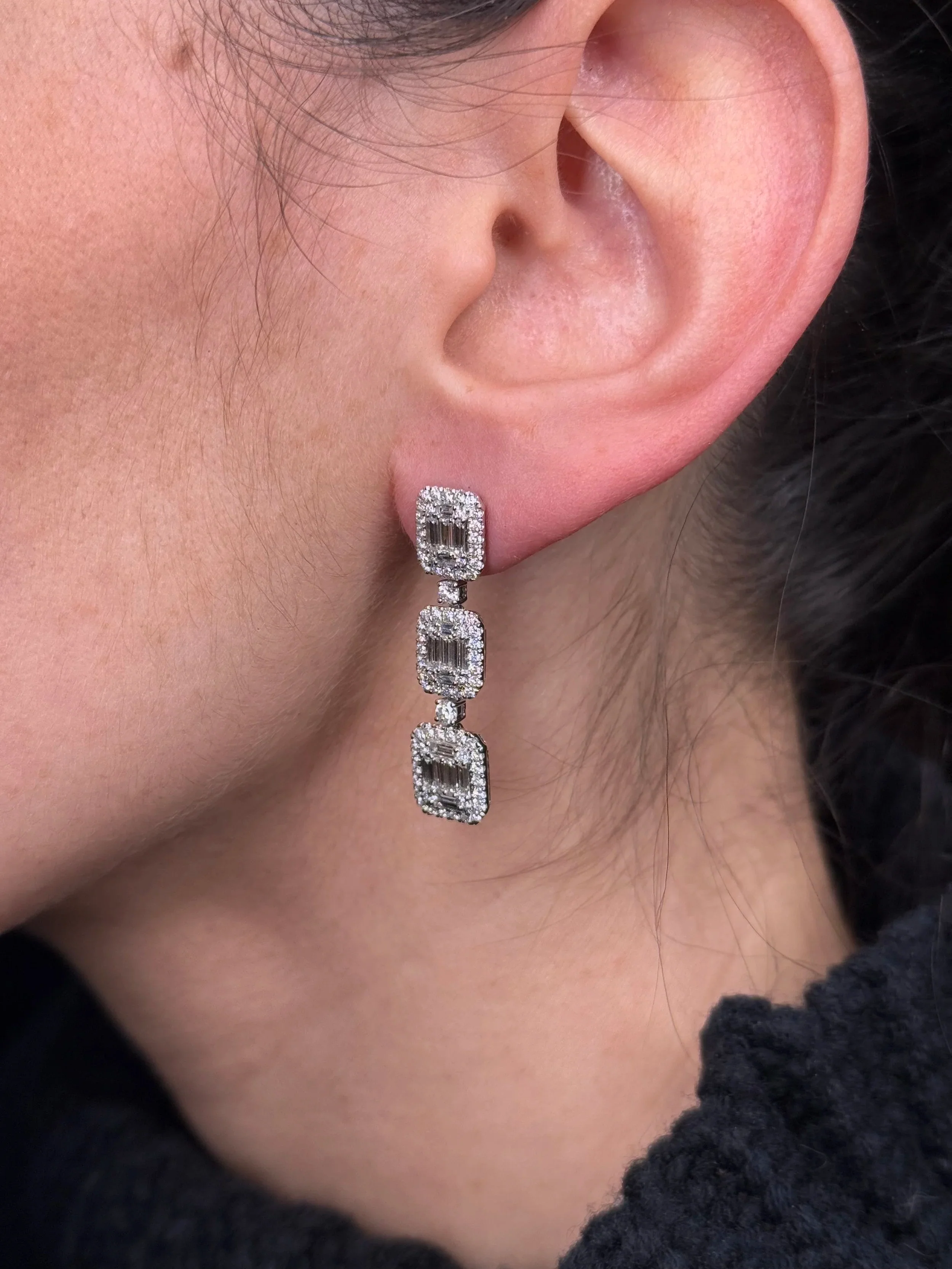 Ladies Ascending Round and Baguette Diamond Earrings - Image 3