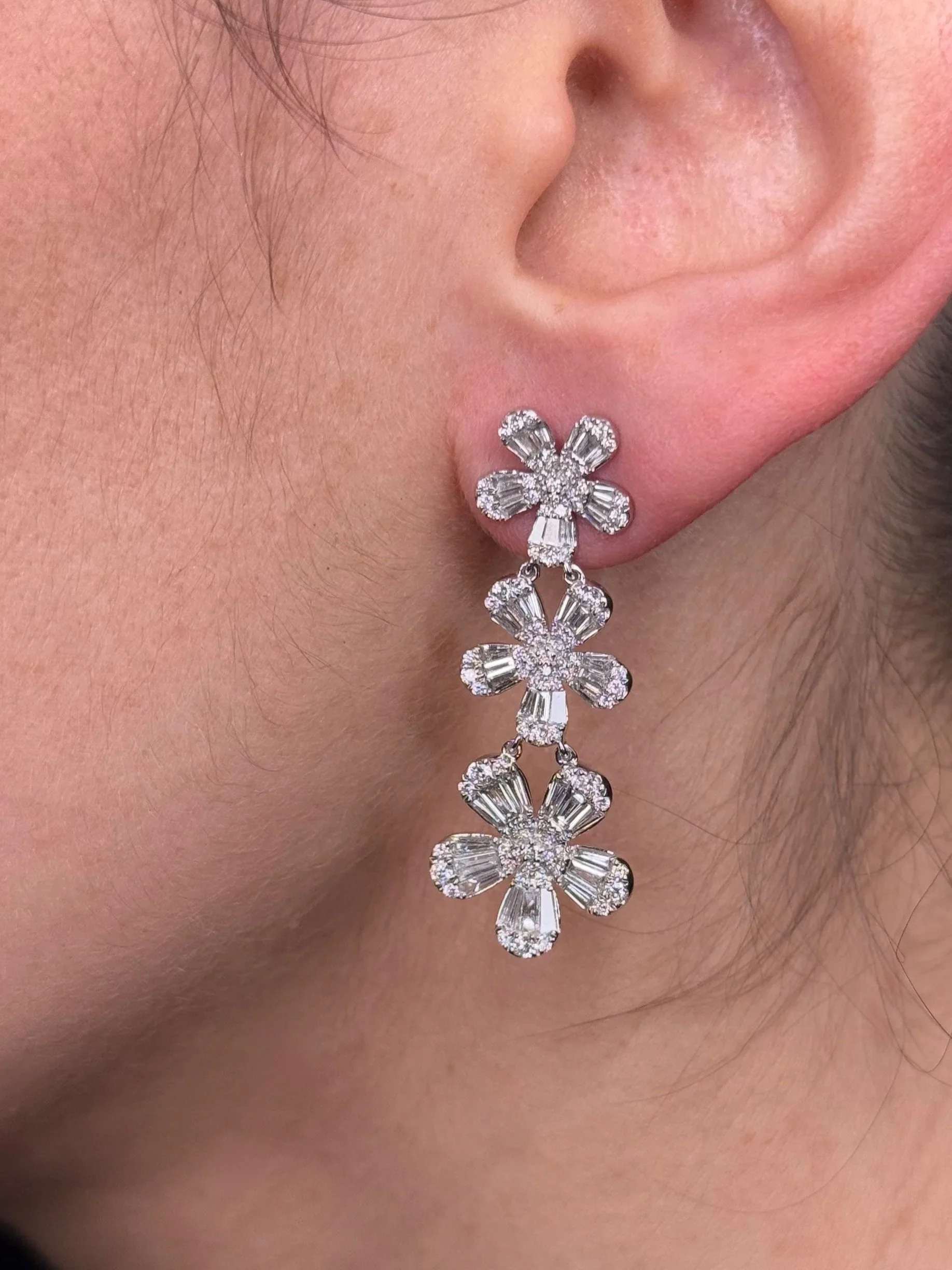 Ladies Ascending Round and Baguette Diamond Flower Earrings