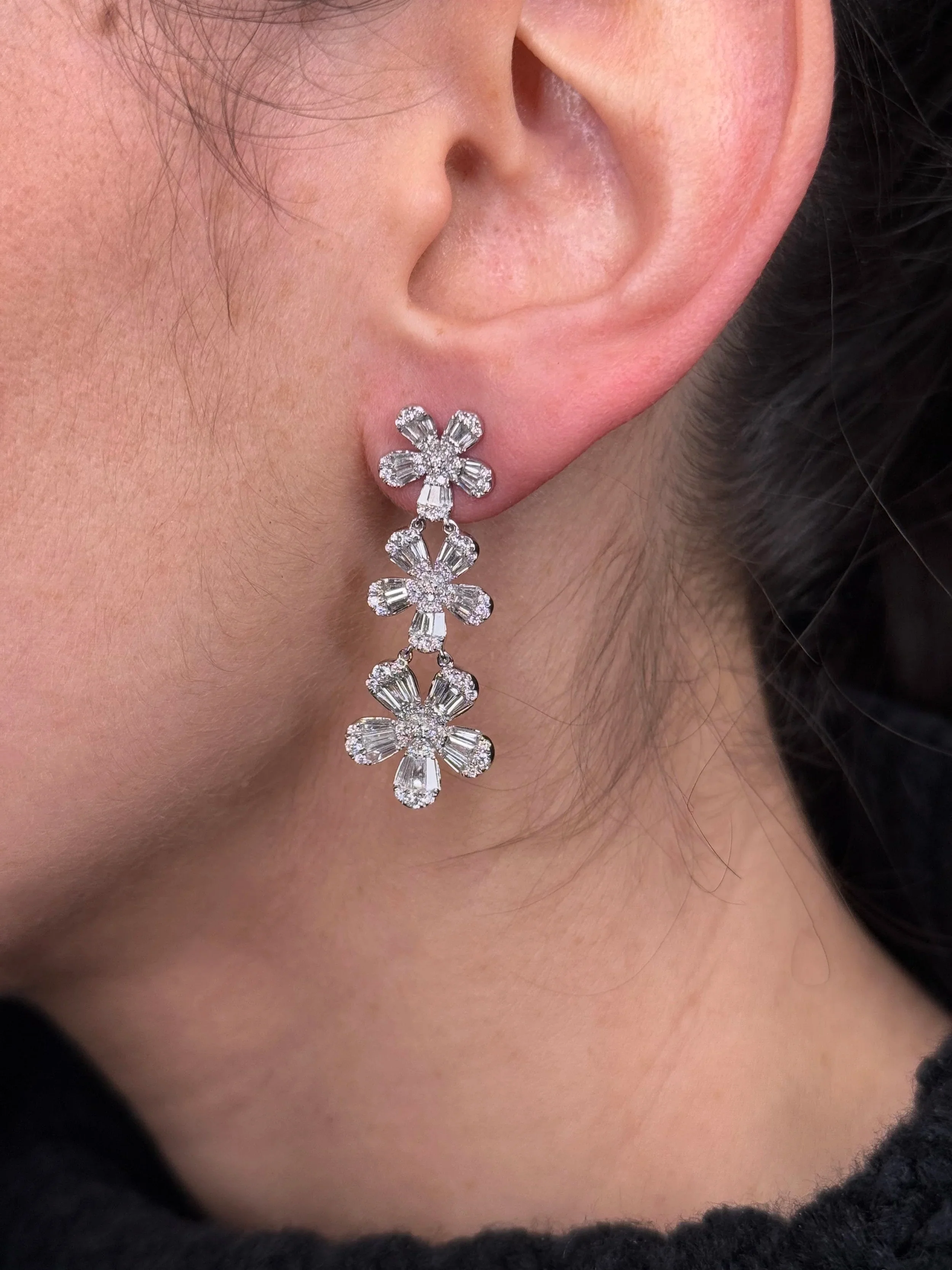 Ladies Ascending Round and Baguette Diamond Flower Earrings - Image 2