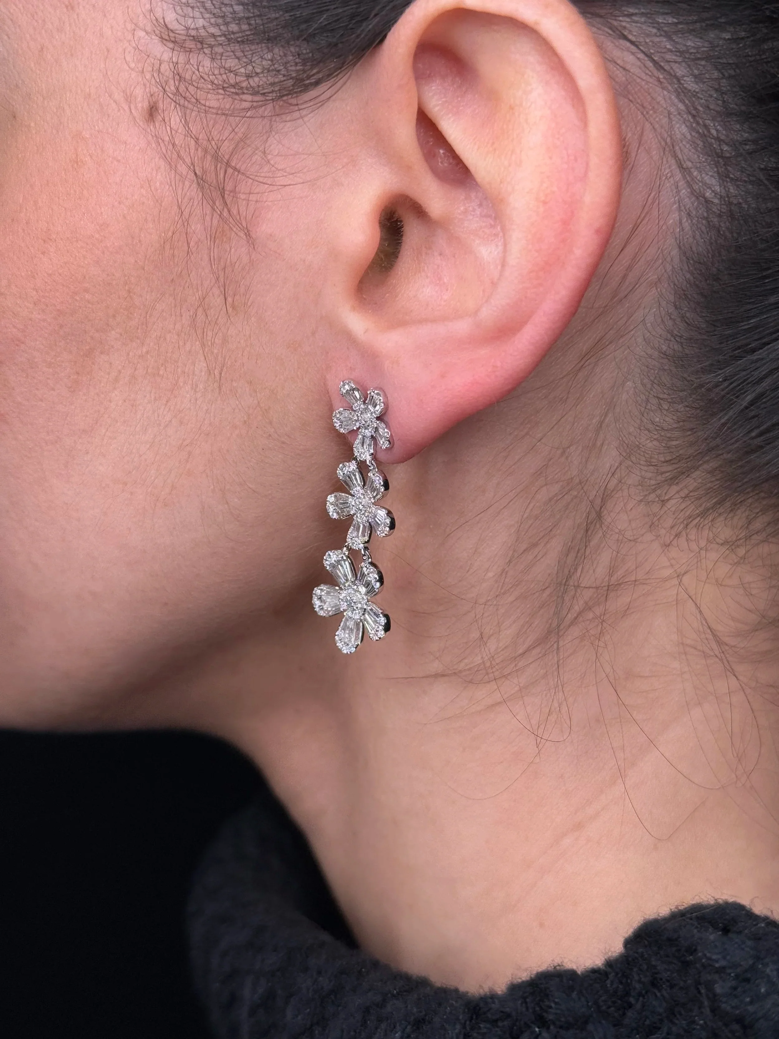 Ladies Ascending Round and Baguette Diamond Flower Earrings - Image 3