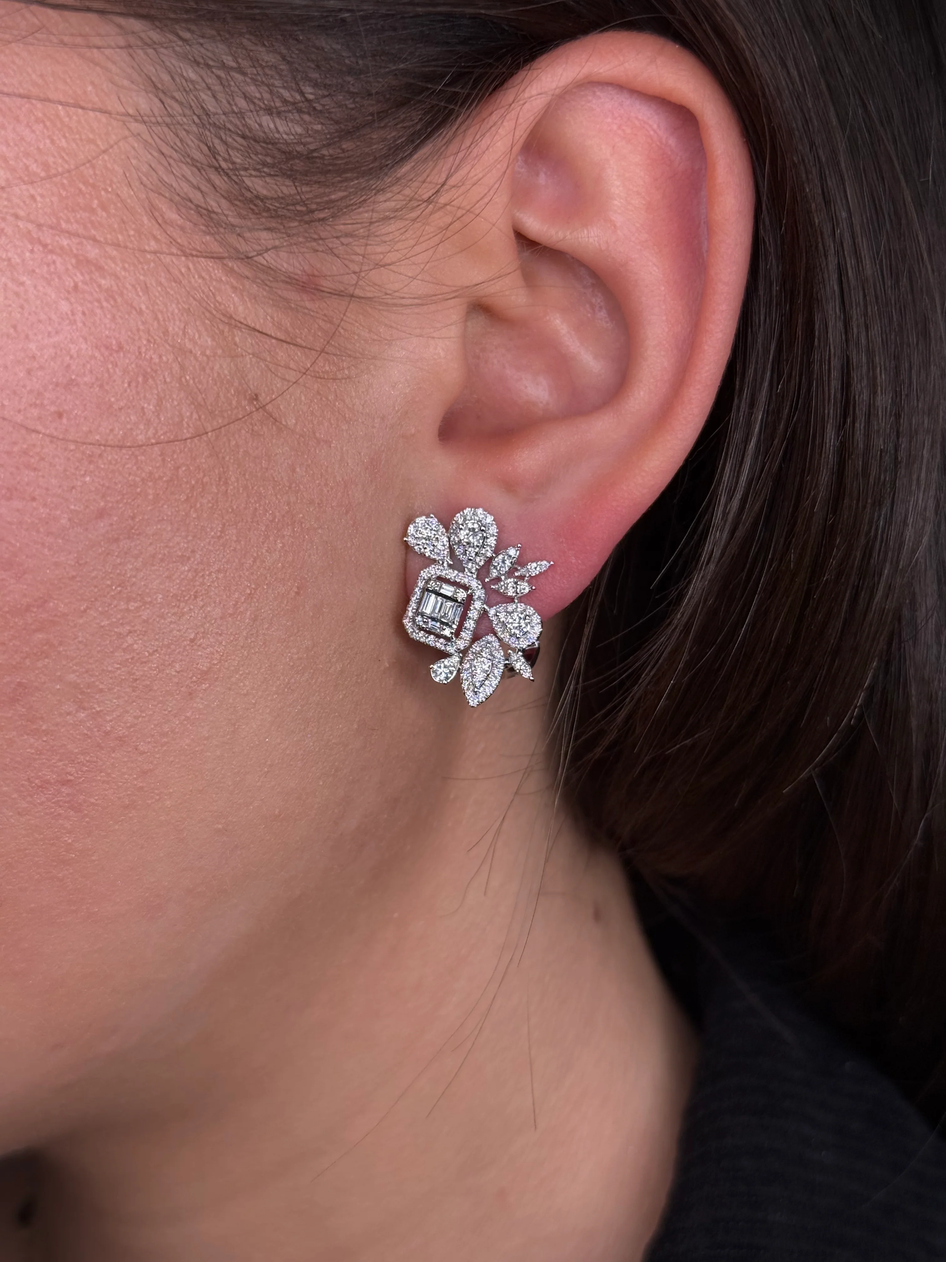 Ladies Baguette and Round Diamond Cluster Earring - Image 2