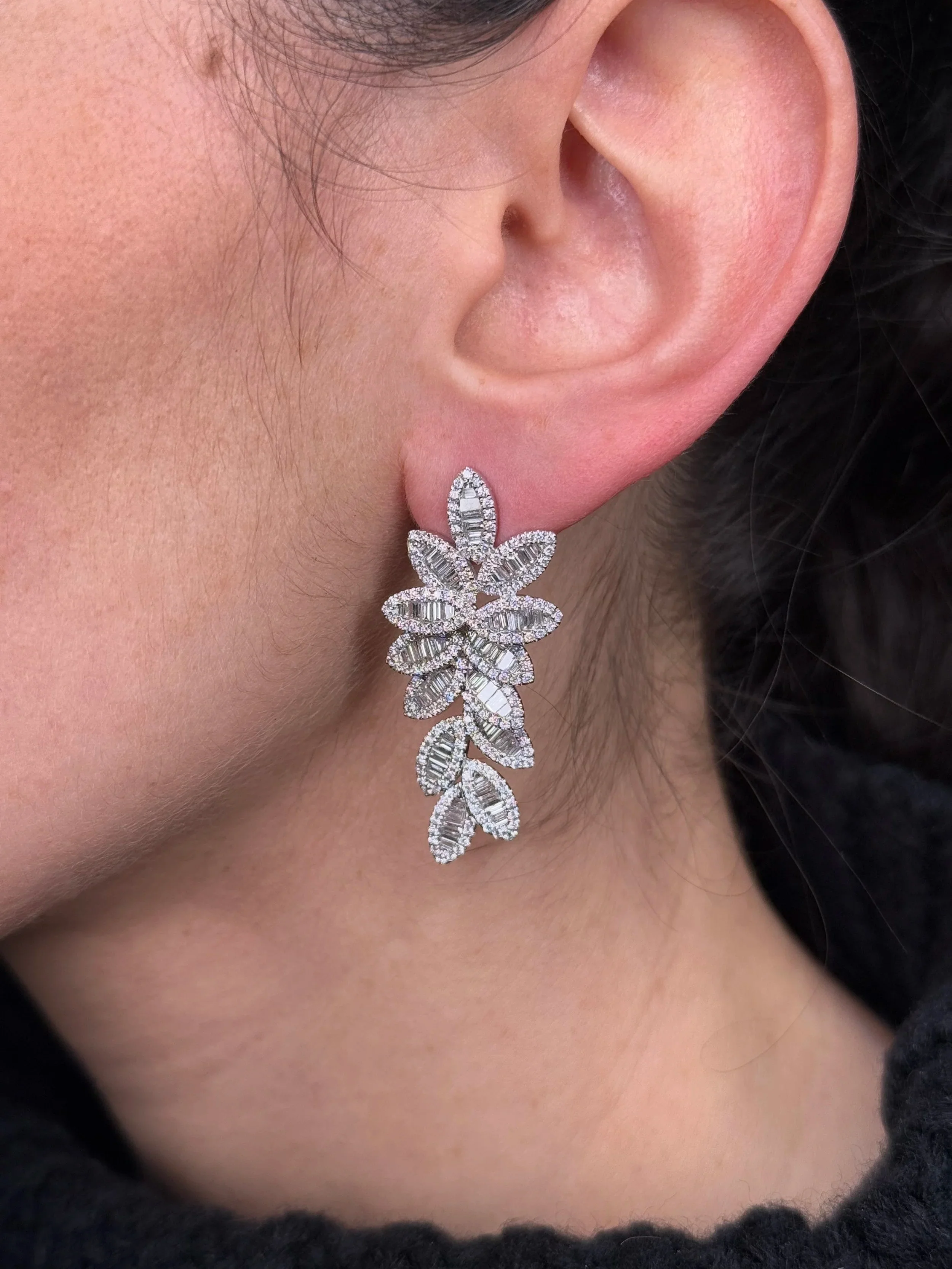 Ladies Baguette and Round Diamond Leaves Earrings - Image 2