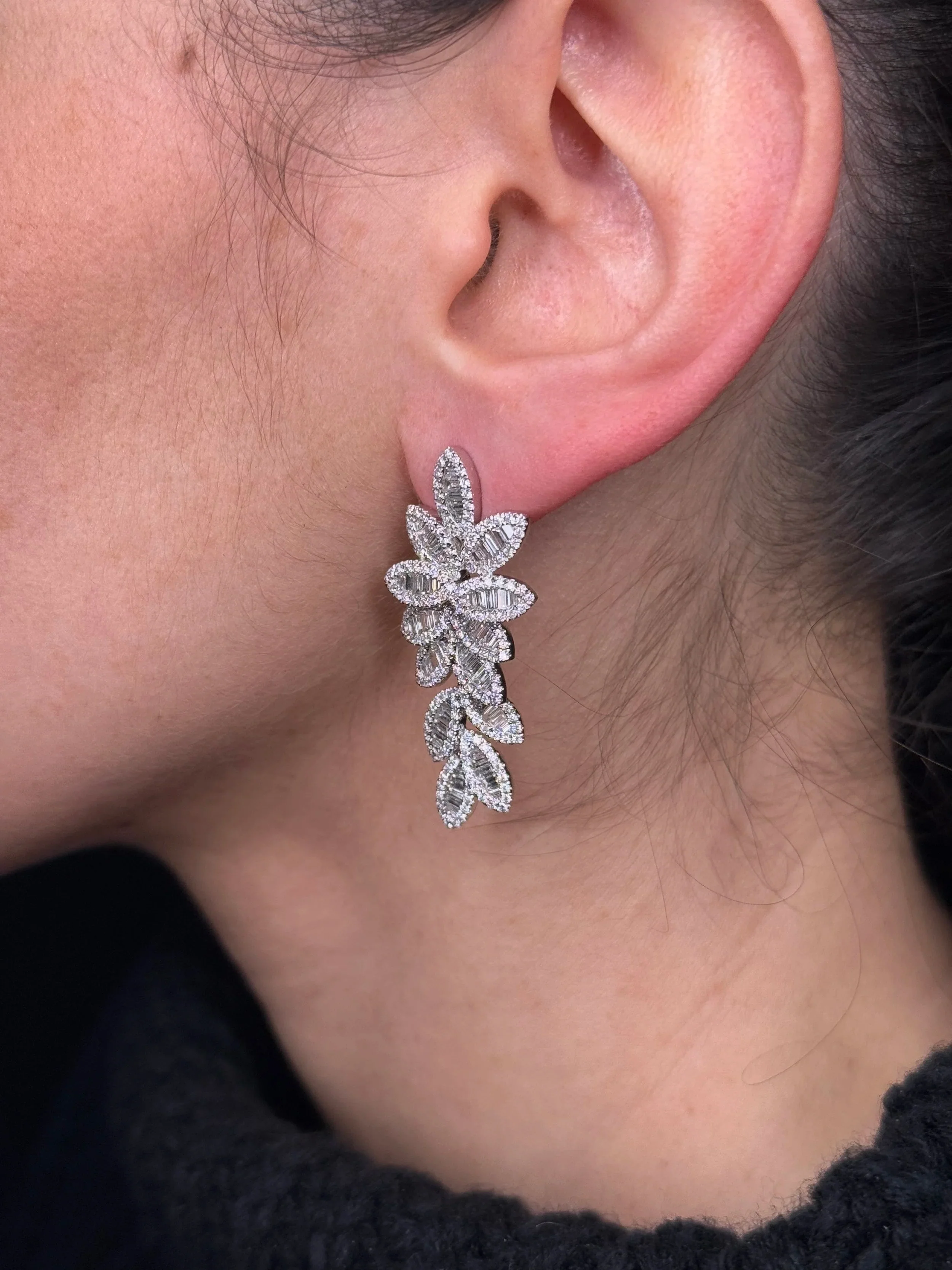 Ladies Baguette and Round Diamond Leaves Earrings - Image 3