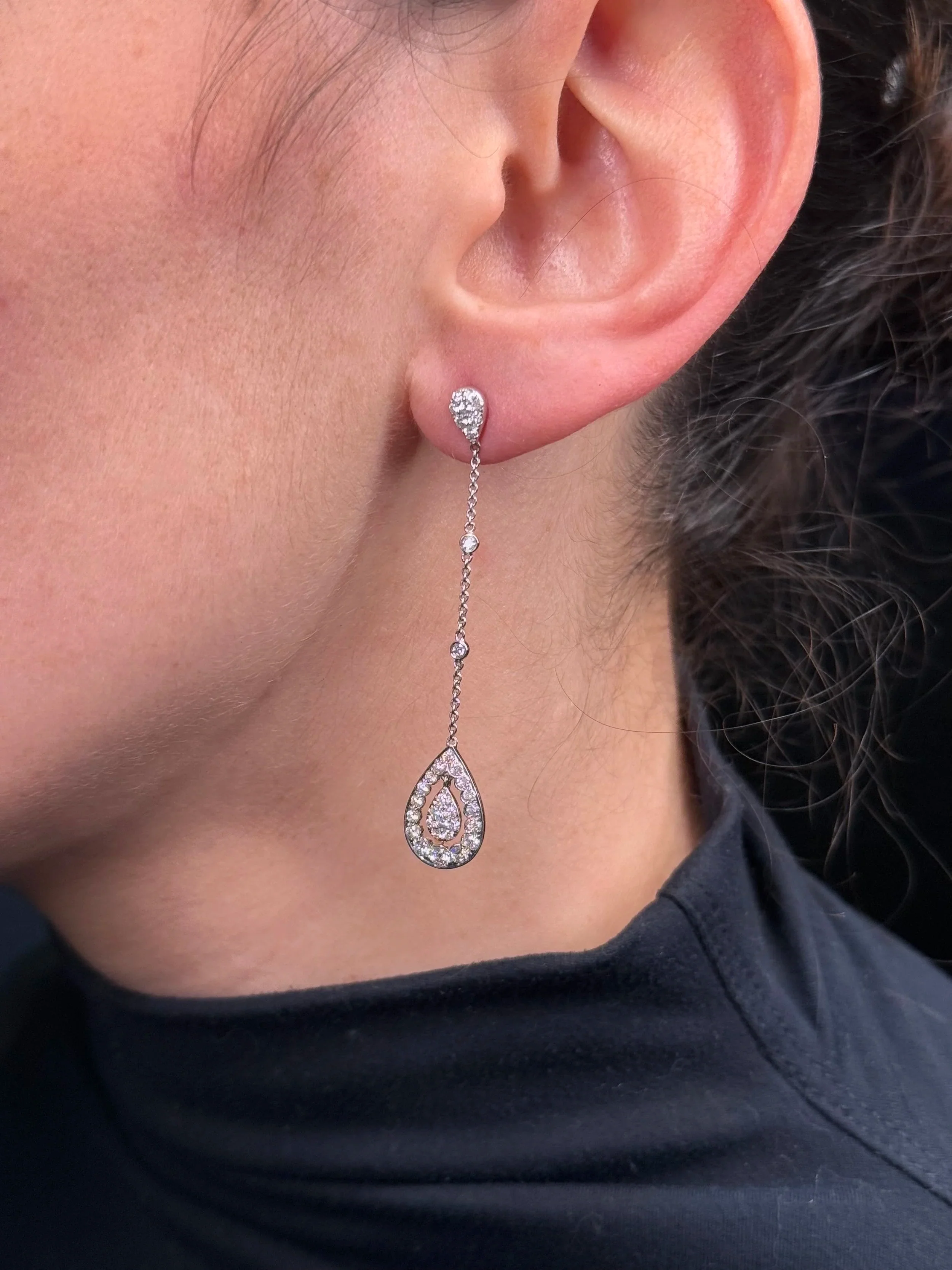 Ladies Bezel Chain Dangle Spaced Out Pave Set Pear Cluster Earrings - Image 2