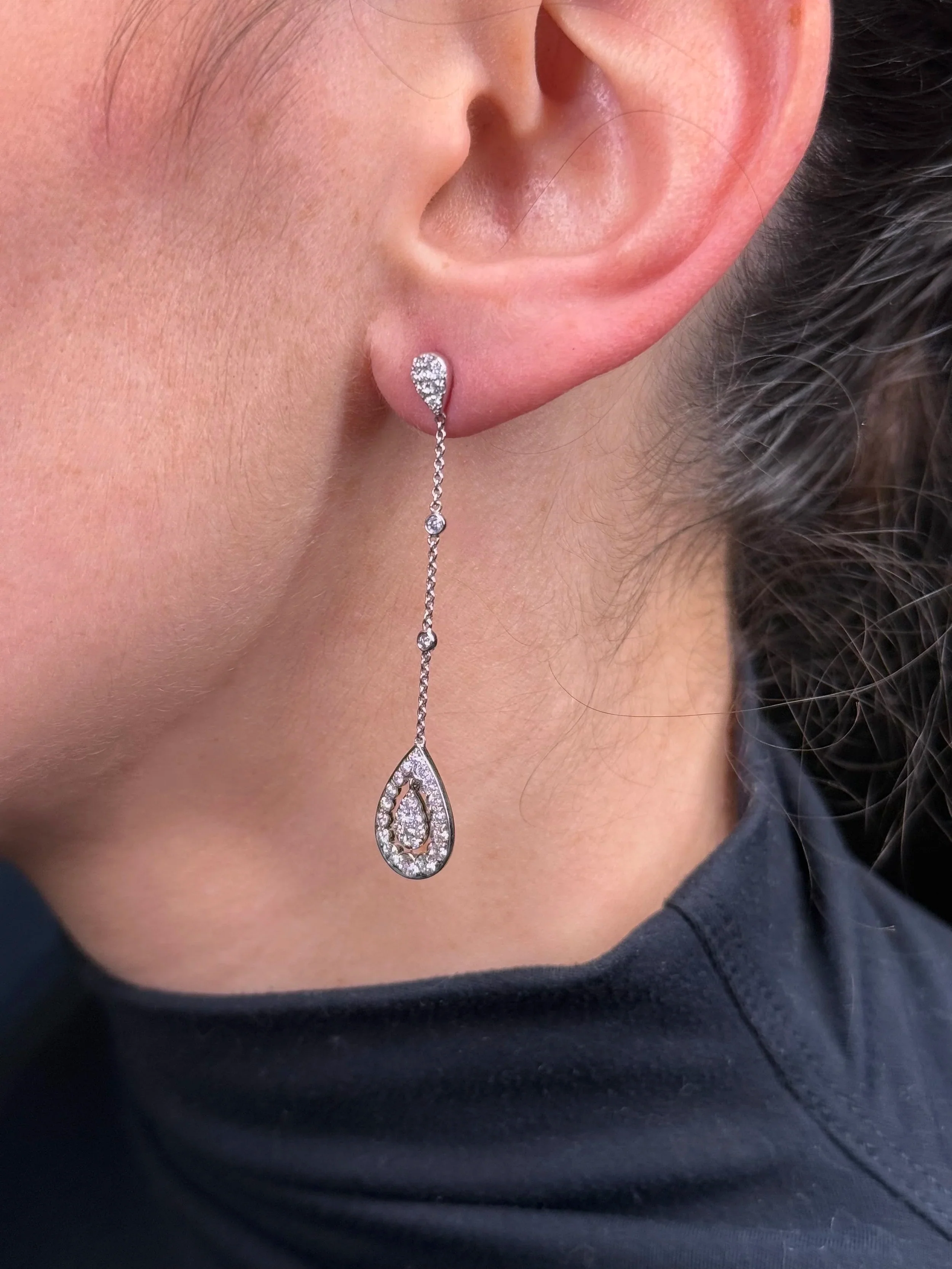Ladies Bezel Chain Dangle Spaced Out Pave Set Pear Cluster Earrings - Image 3