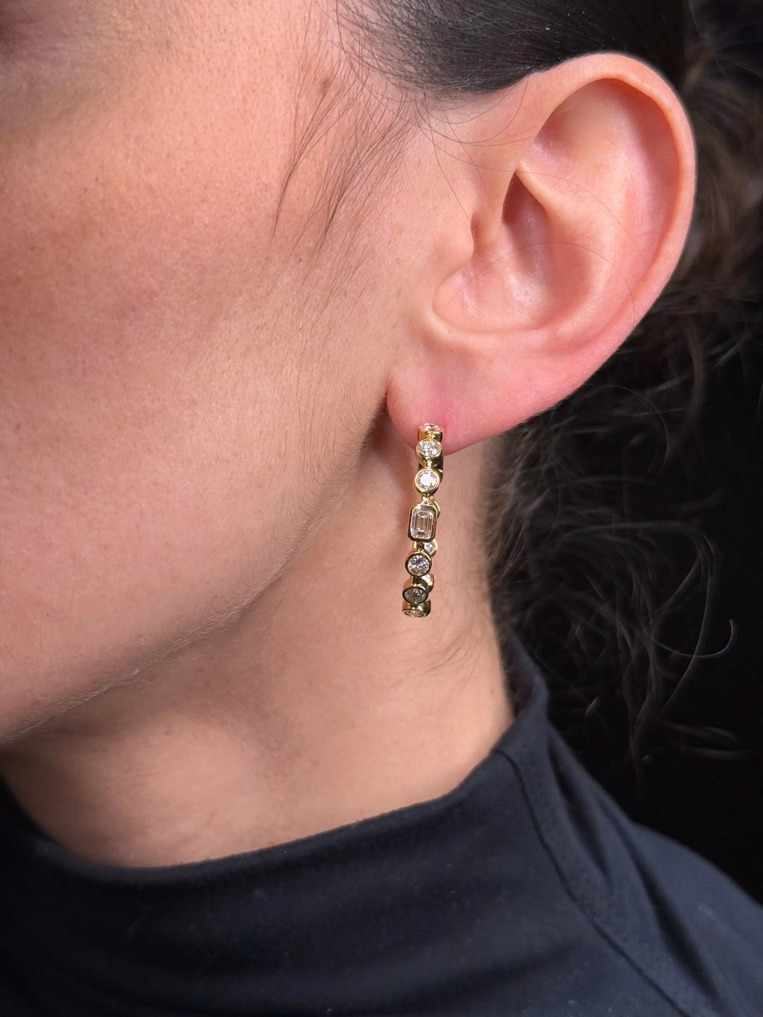 Ladies Bezel Set Round and Emerald Diamond Hoops - Image 2