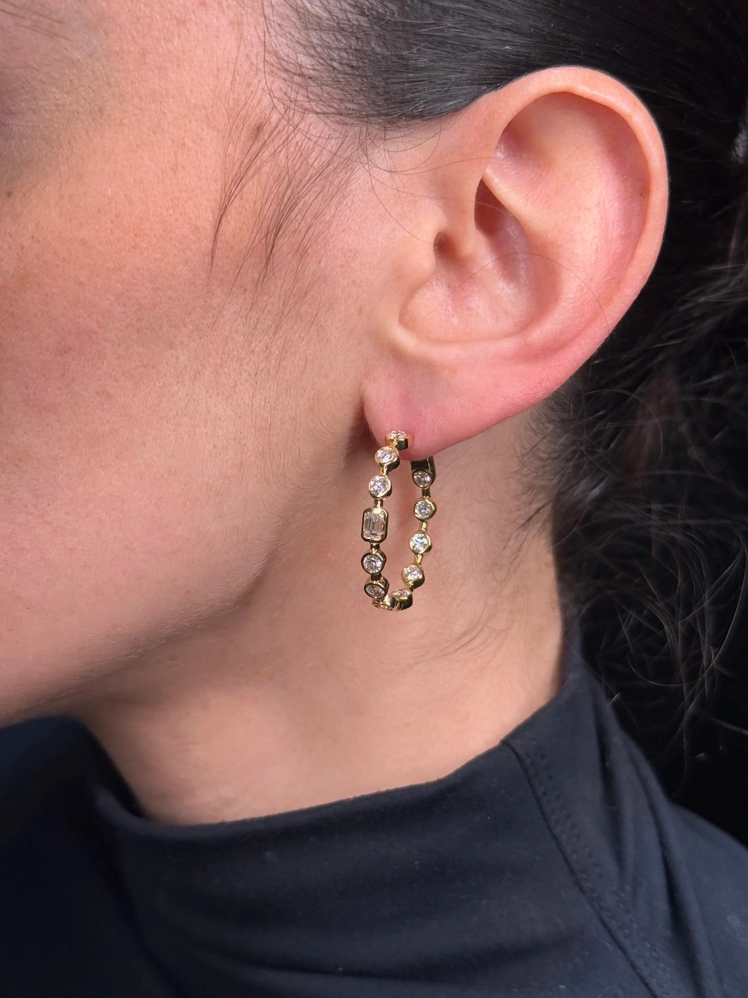 Ladies Bezel Set Round and Emerald Diamond Hoops - Image 3