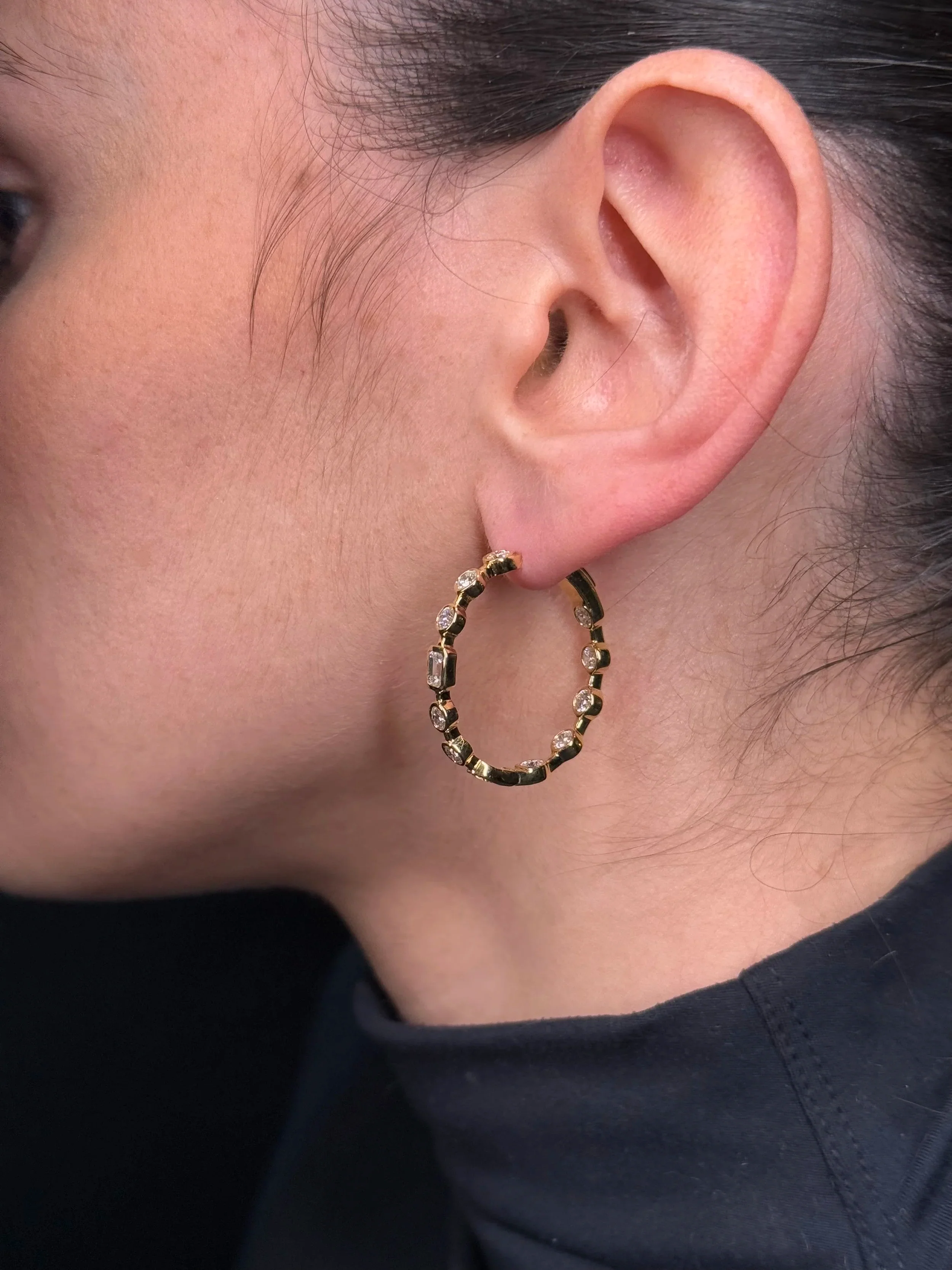 Ladies Bezel Set Round and Emerald Diamond Hoops - Image 4