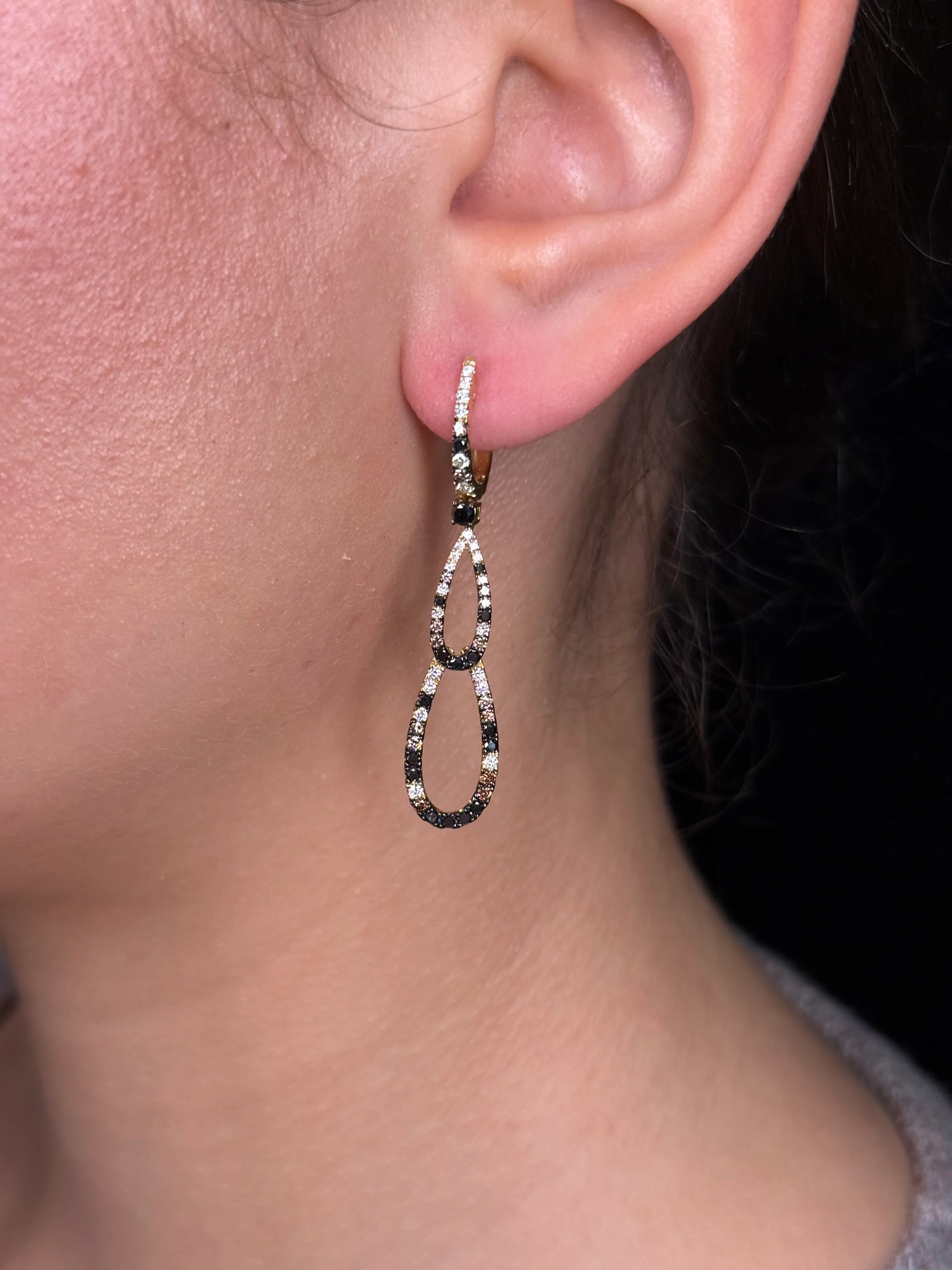 Ladies Double Oval Black and Champagne Diamond Earrings - Image 2