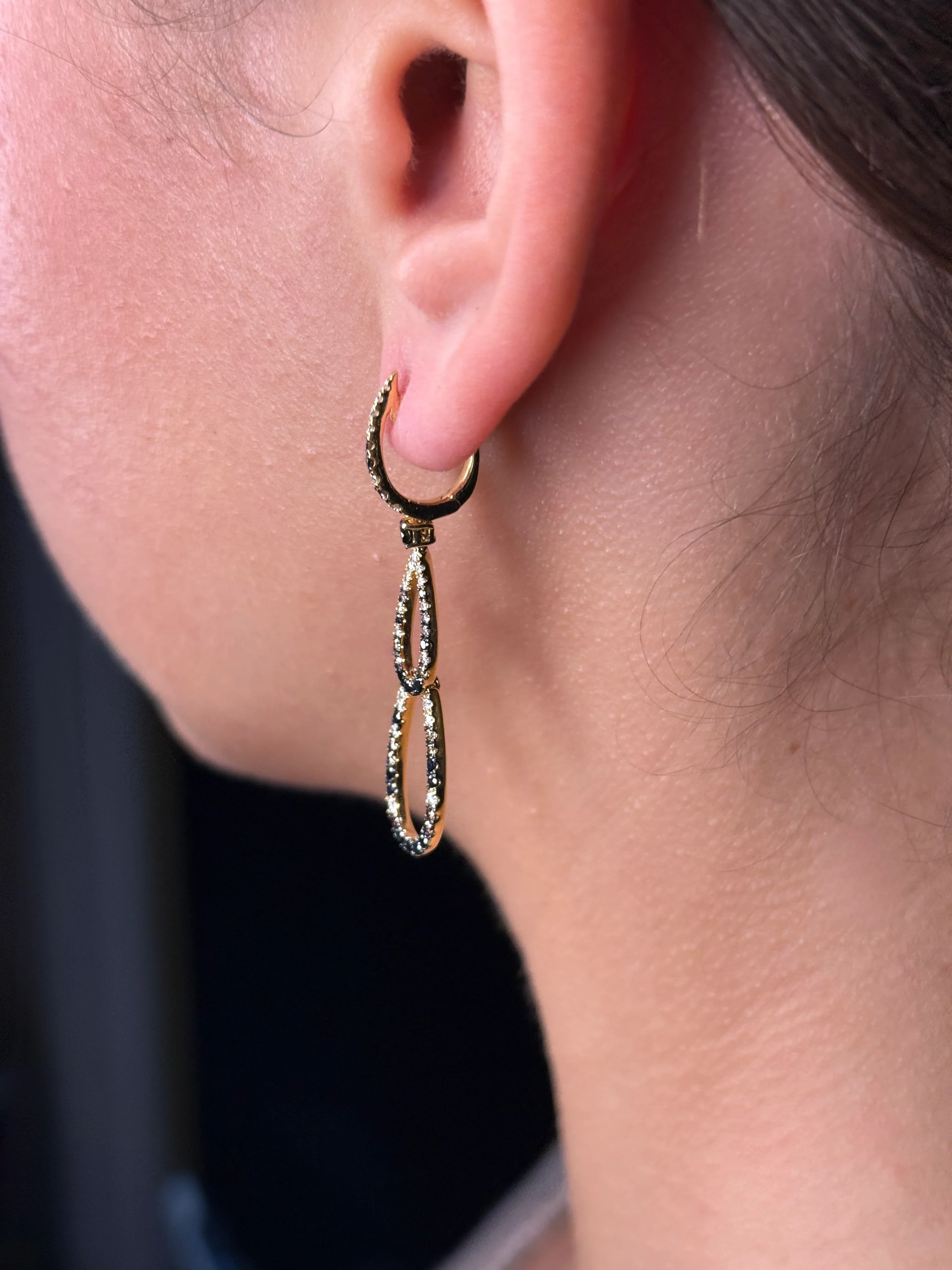 Ladies Double Oval Black and Champagne Diamond Earrings - Image 3