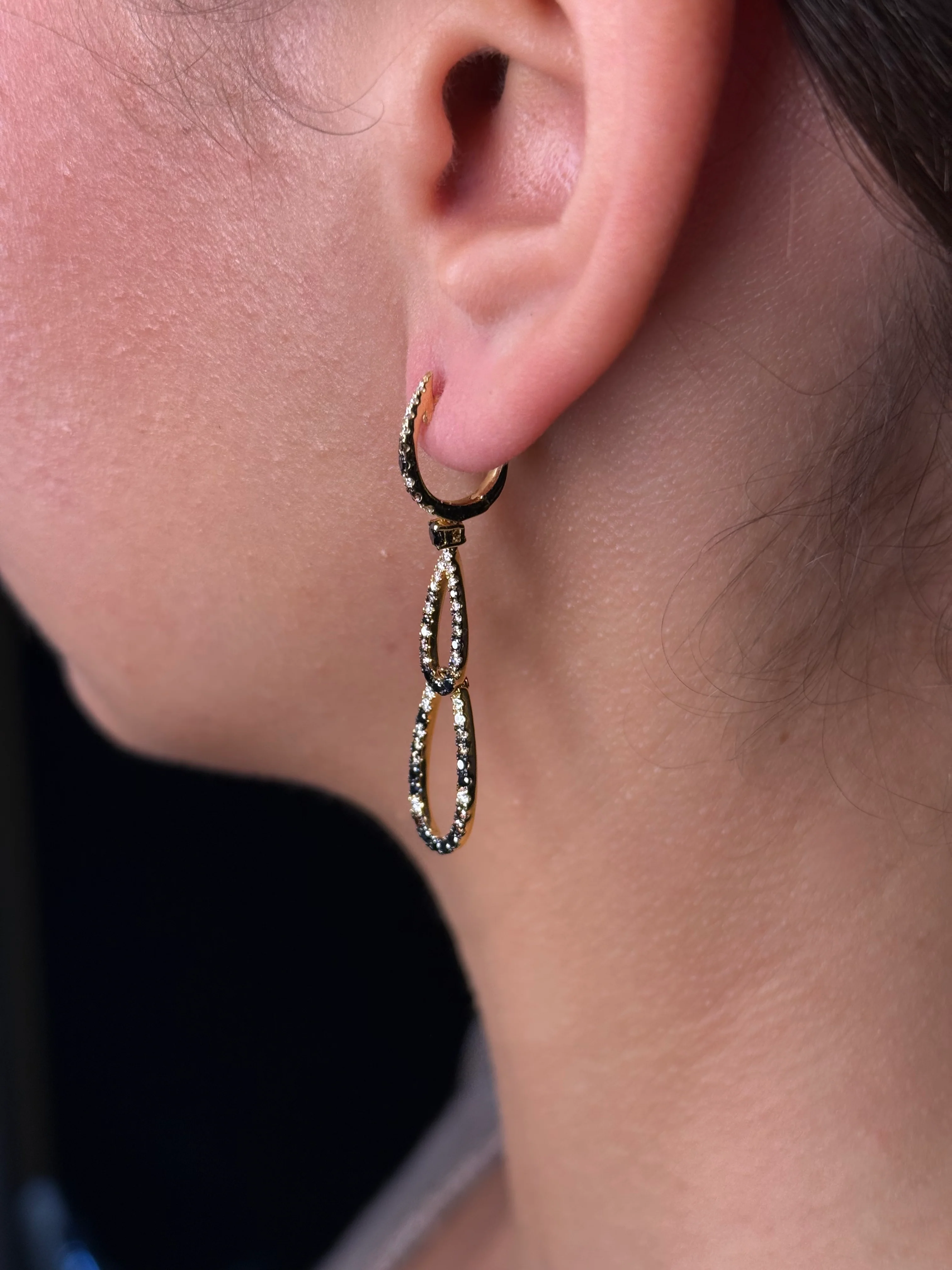 Ladies Double Oval Black and Champagne Diamond Earrings - Image 4