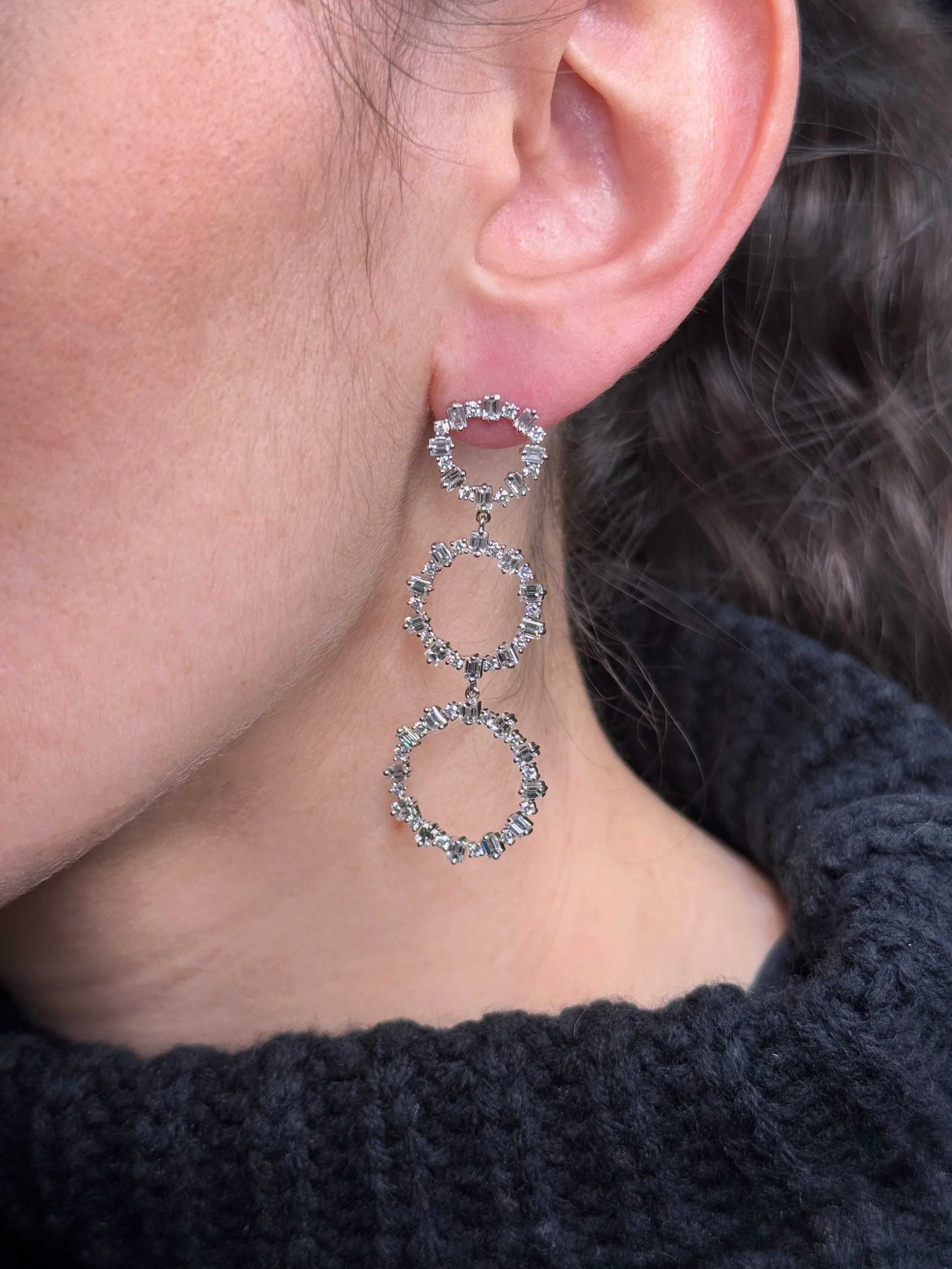 Ladies Circle Shape Round and Baguette Diamond Earrings - Image 2