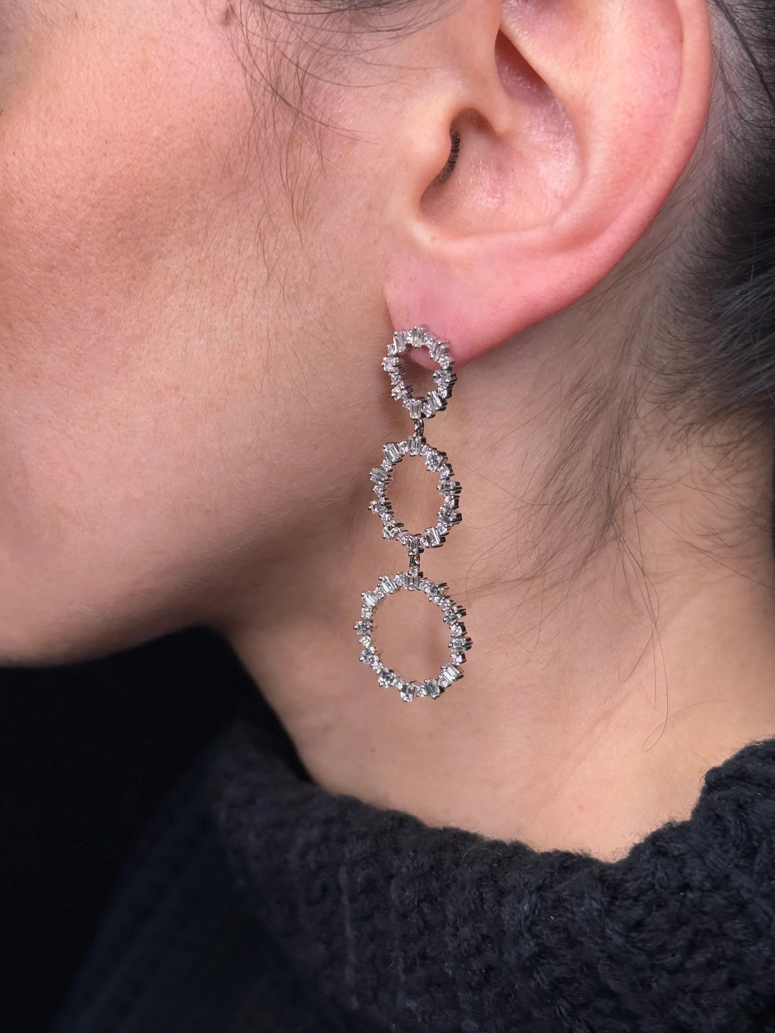 Ladies Circle Shape Round and Baguette Diamond Earrings - Image 3