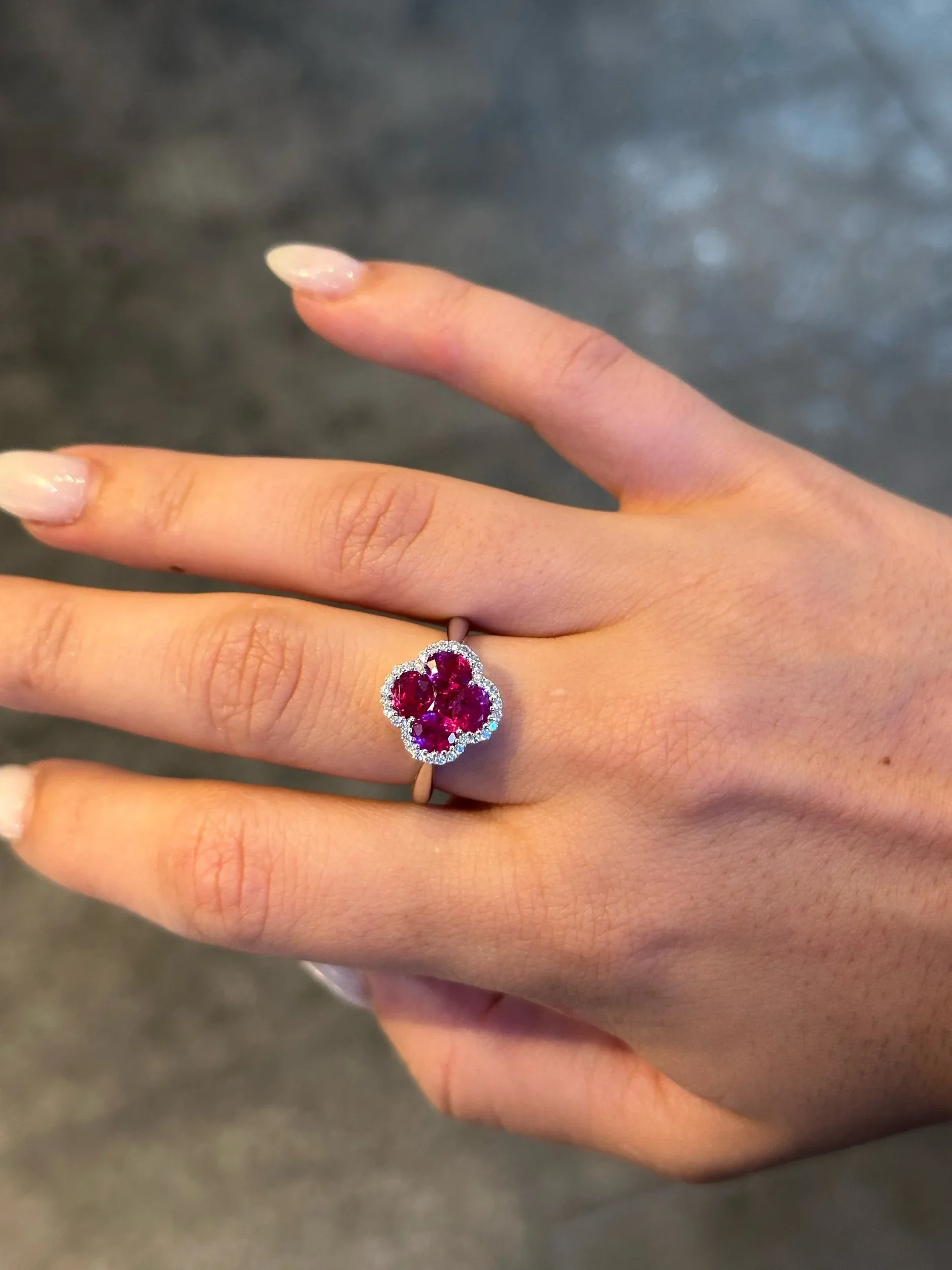 Ladies Clover Shape Ruby and Round Diamond Ring - Image 2