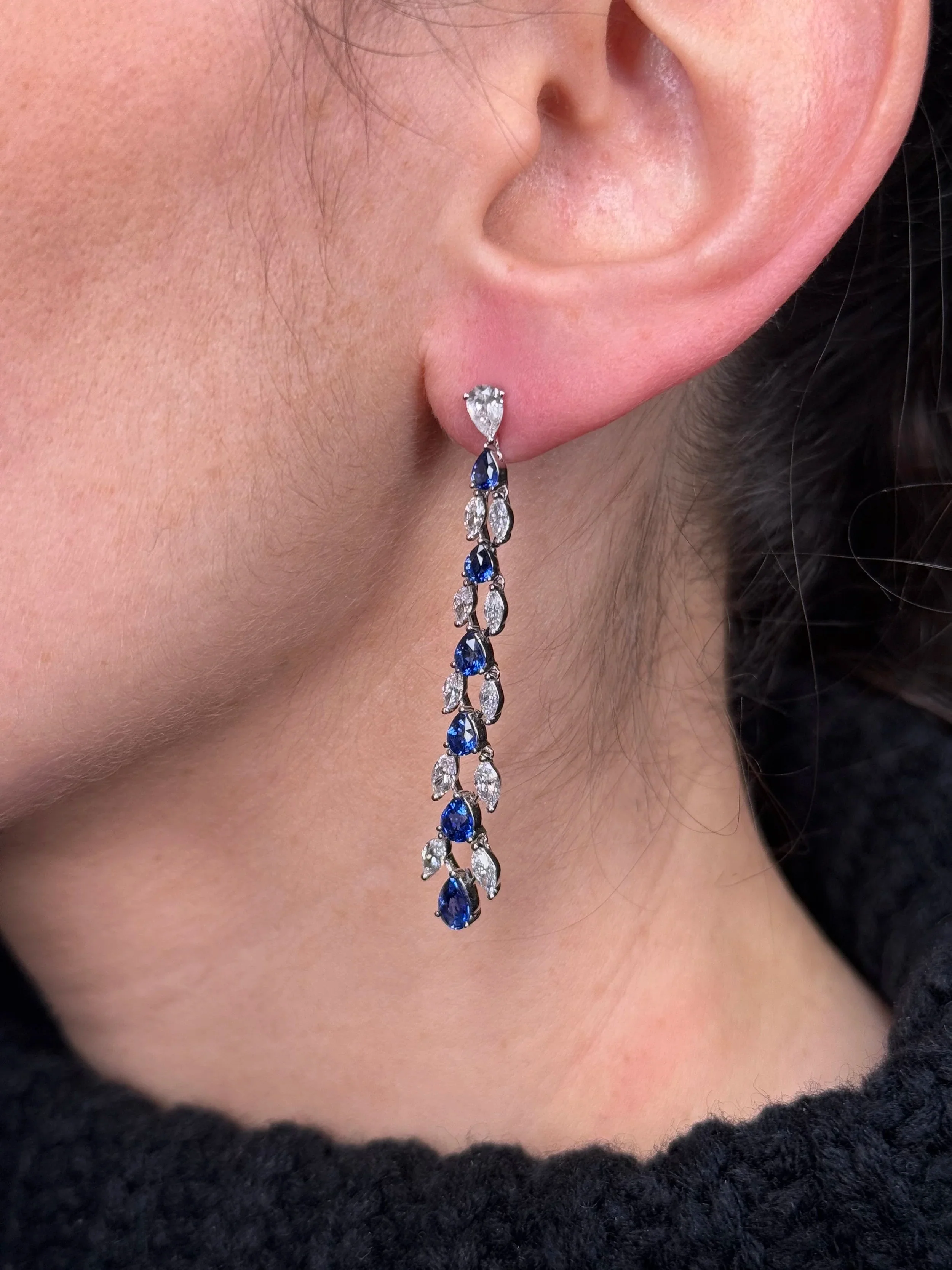 Ladies Dangle Pear and Marquise Sapphire and Diamond Earrings - Image 3
