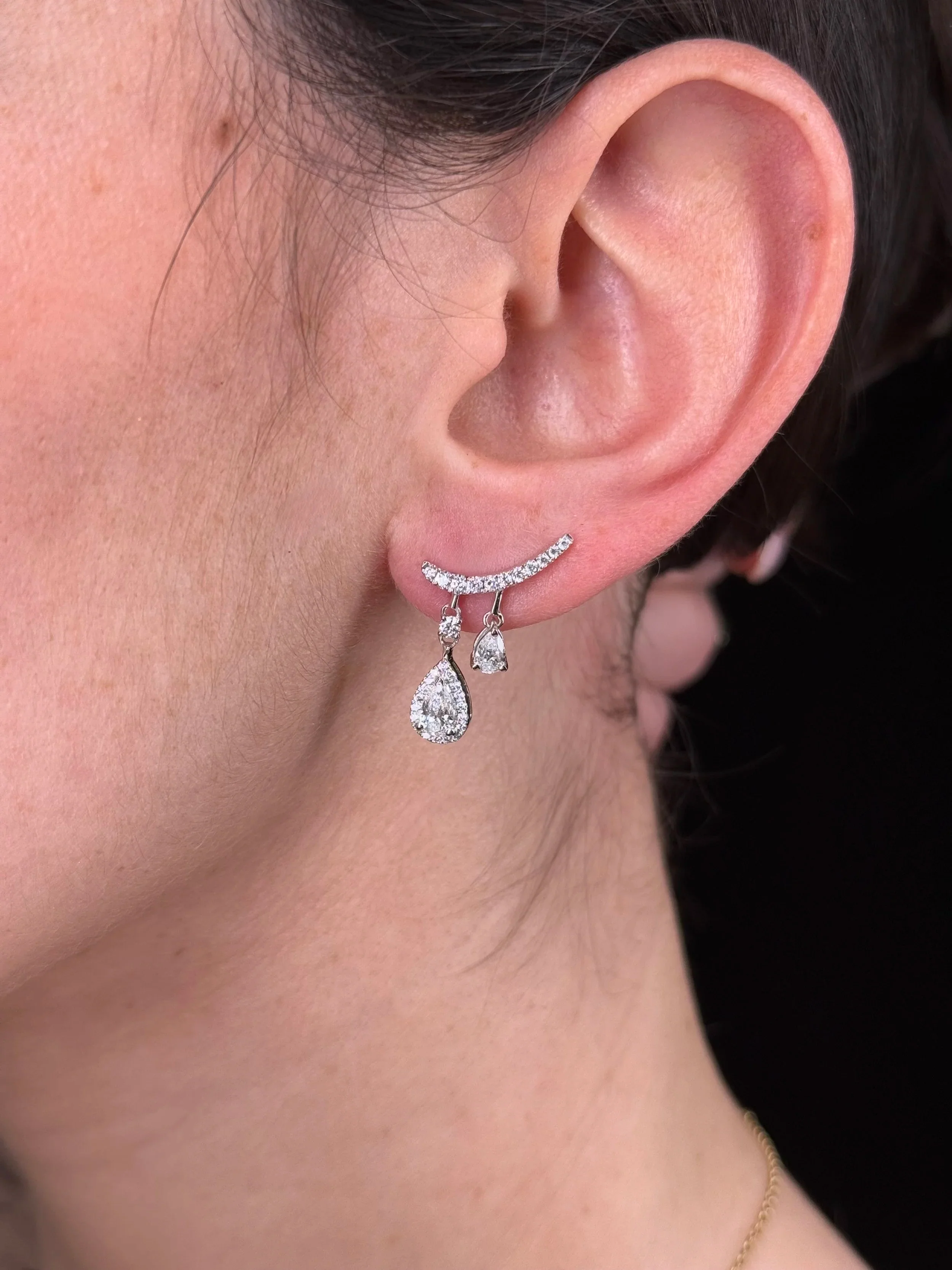 Ladies Dangle Pear and Round Diamond Climber Earrings - Image 2