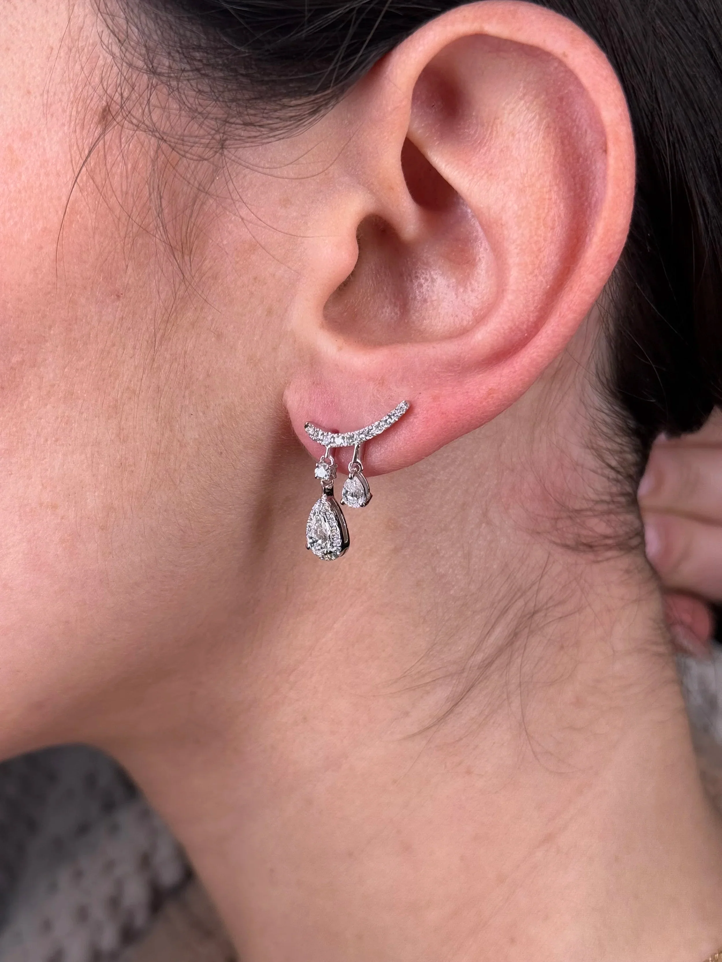 Ladies Dangle Pear and Round Diamond Climber Earrings - Image 3