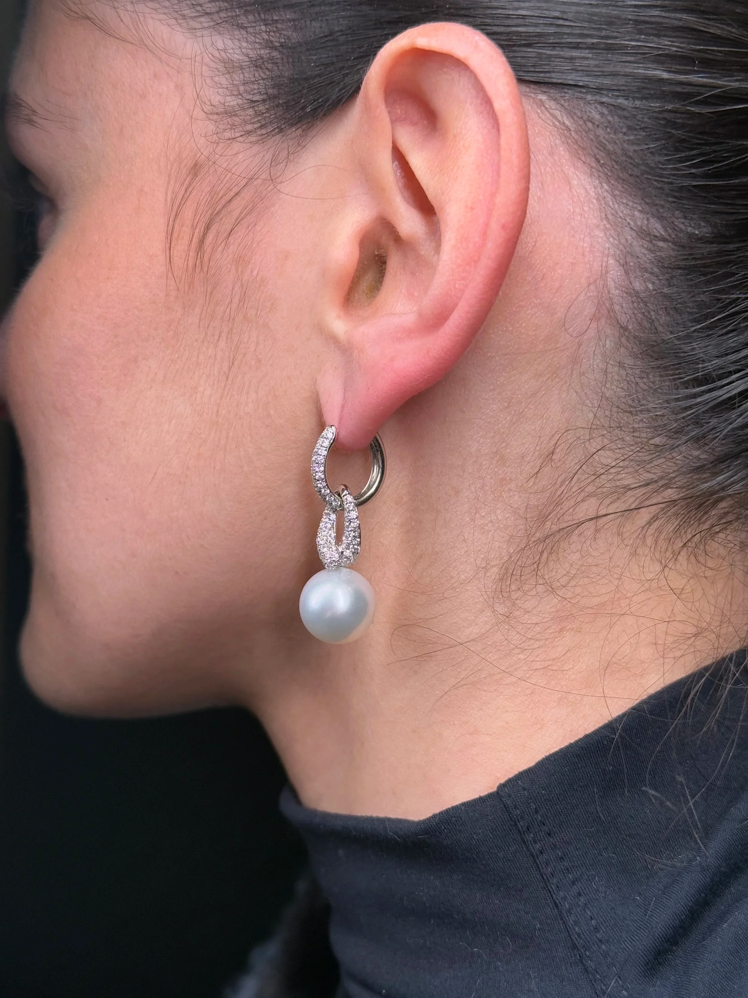 Ladies Dangle Pearl and Diamond Earrings - Image 4