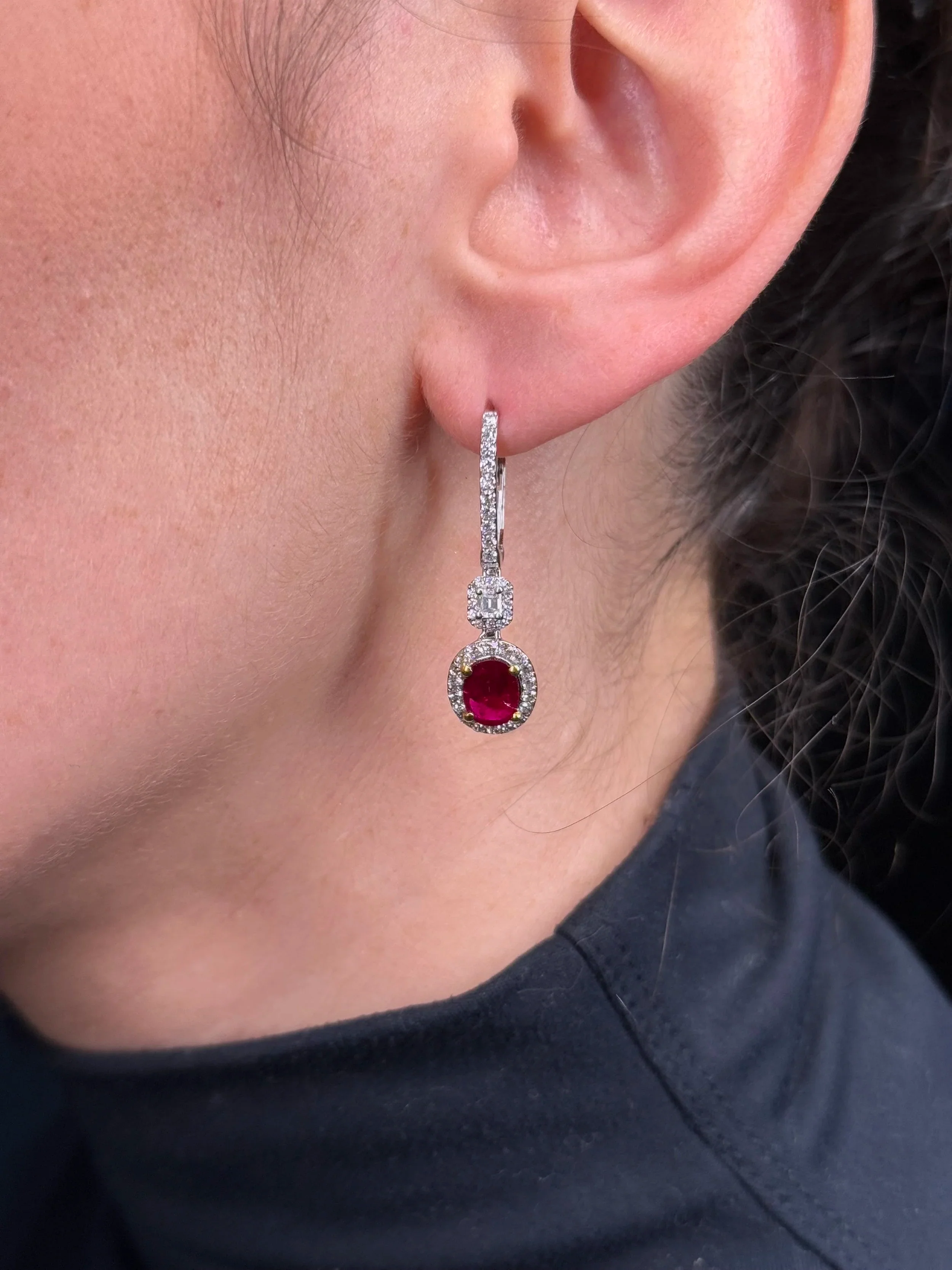 Ladies Dangling Oval Ruby Diamond Earrings - Image 2