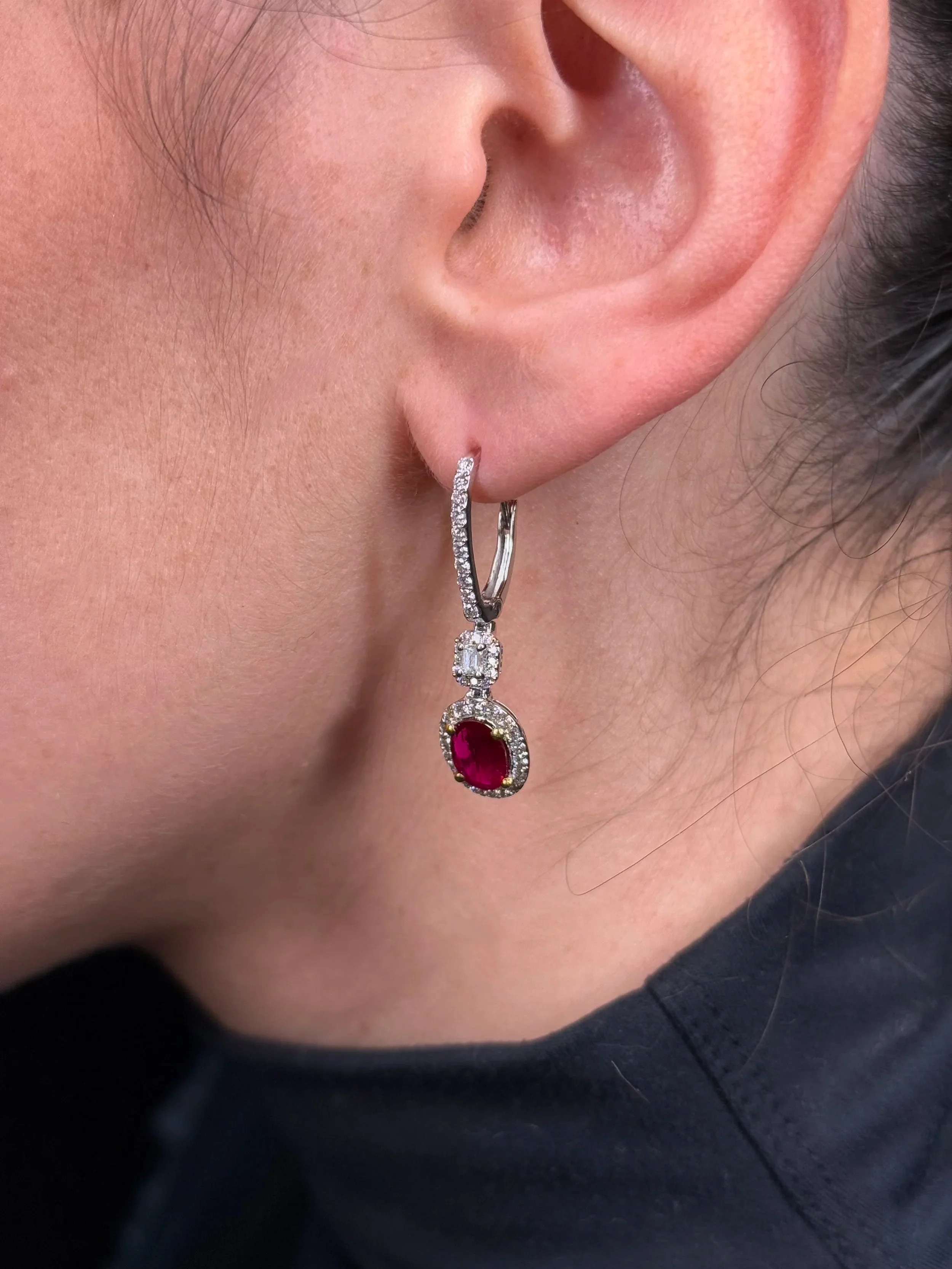 Ladies Dangling Oval Ruby Diamond Earrings - Image 3