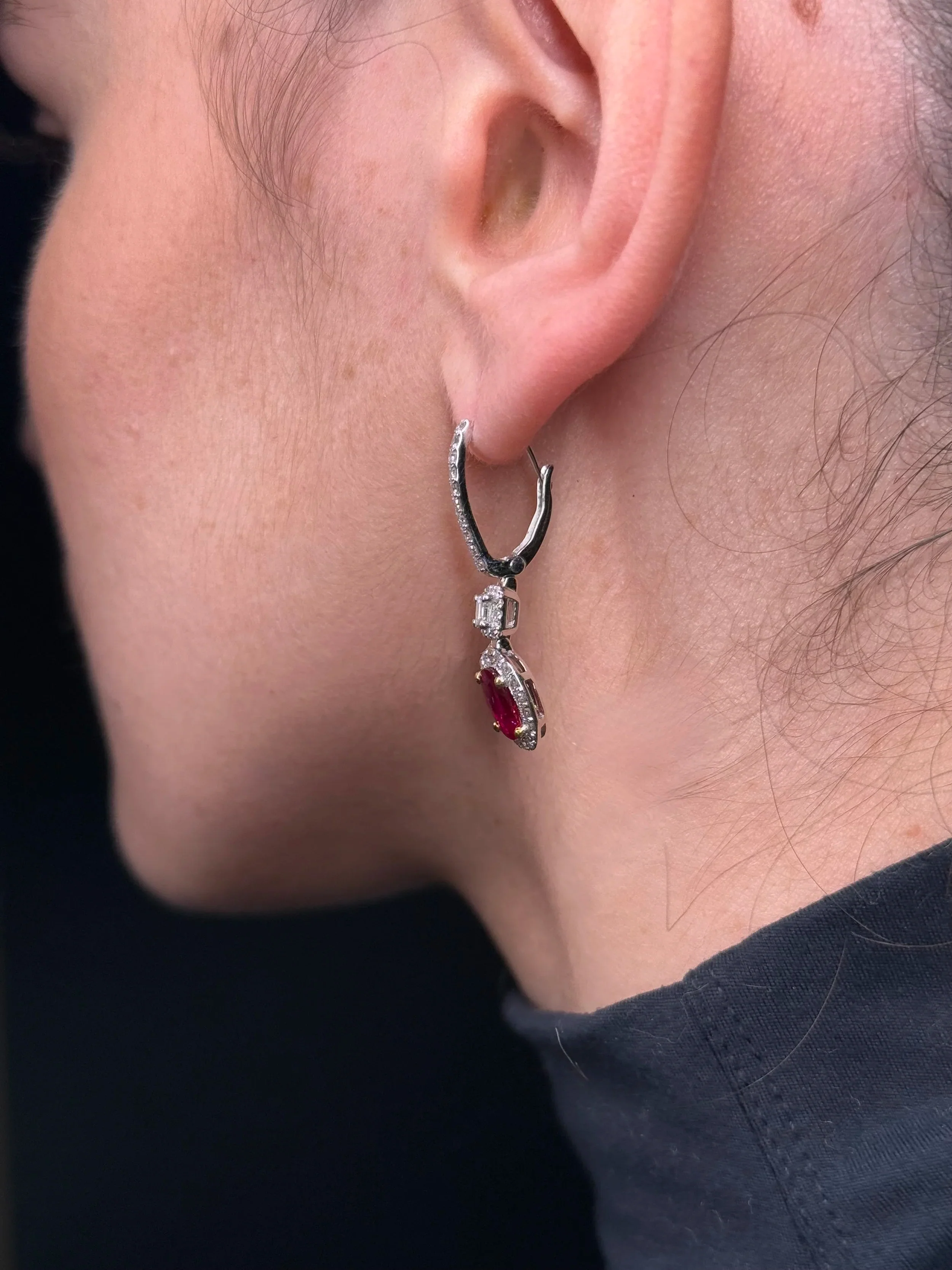 Ladies Dangling Oval Ruby Diamond Earrings - Image 4