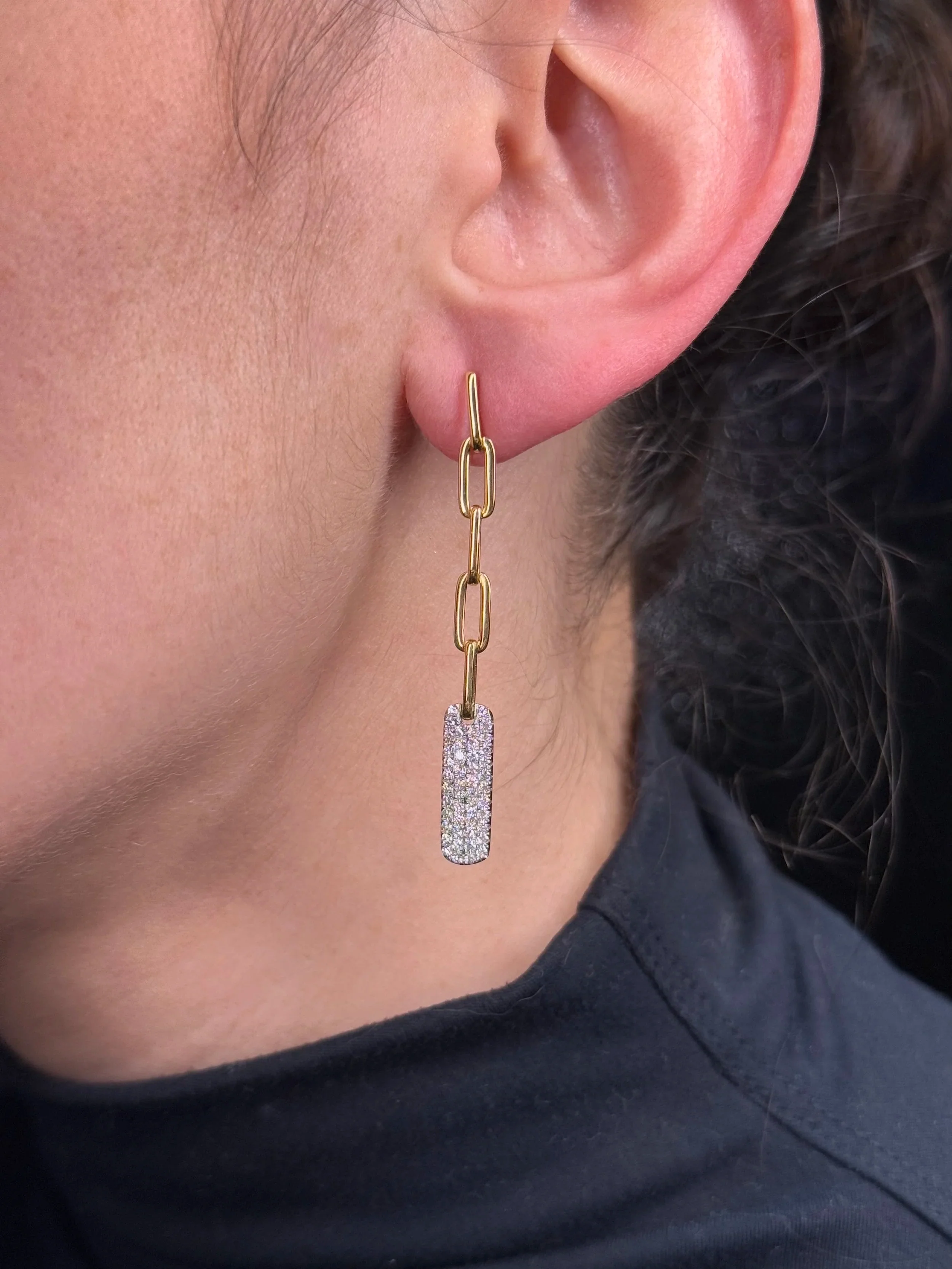 Ladies Dangling Pave Bar Paper Clip Chain Diamond Earrings - Image 2