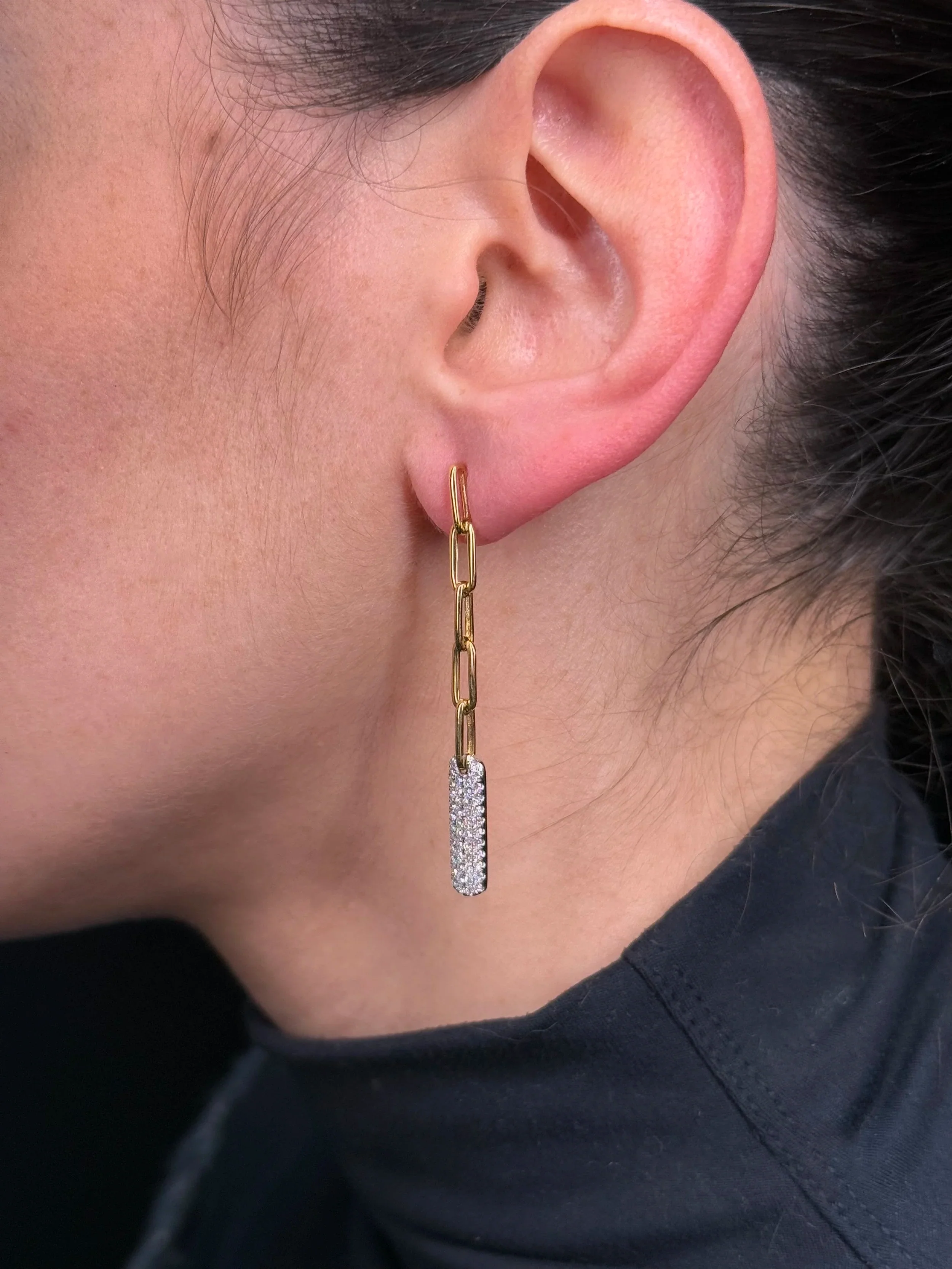 Ladies Dangling Pave Bar Paper Clip Chain Diamond Earrings - Image 3