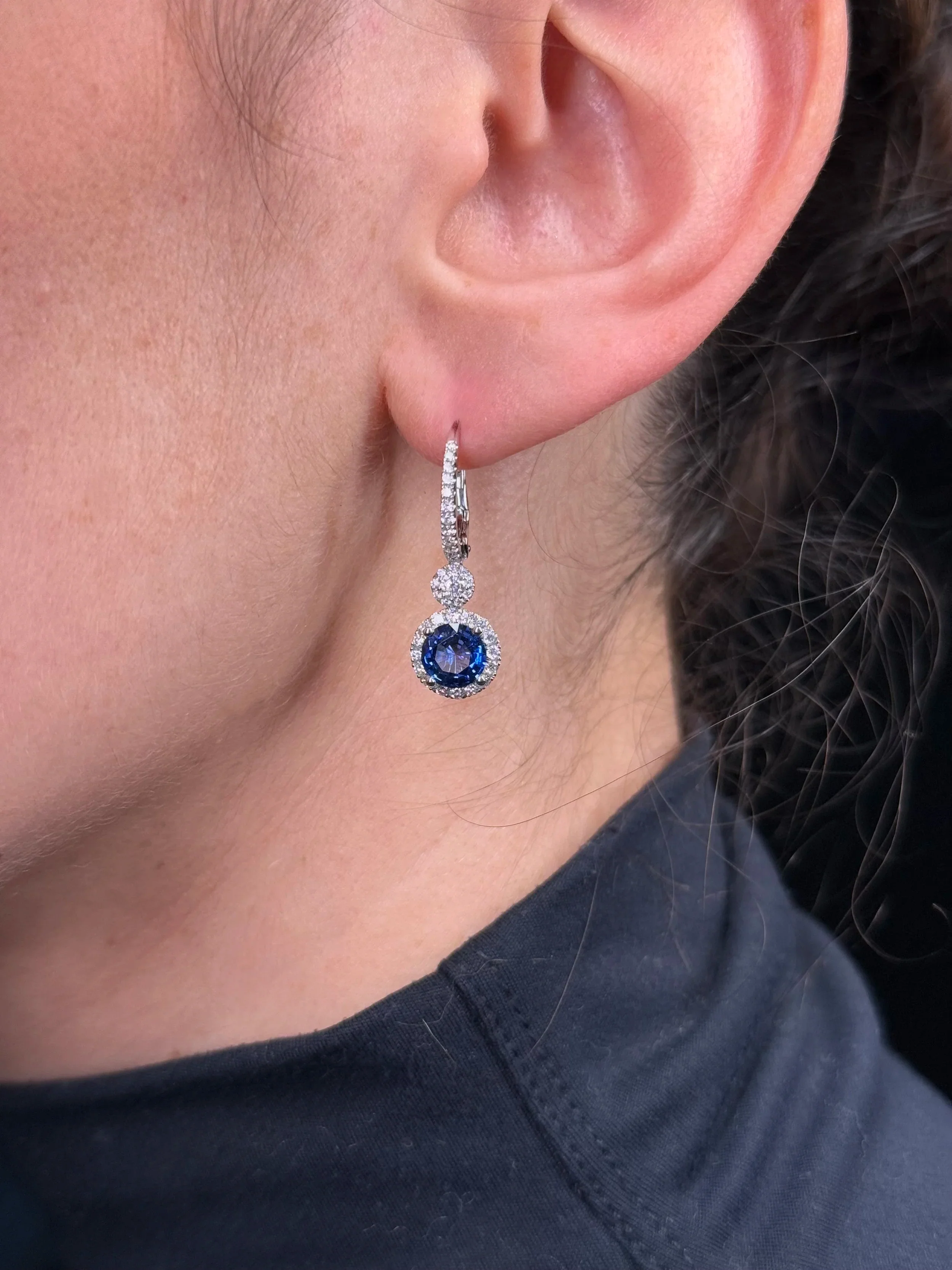 Ladies Dangling Round Sapphire Diamond Earrings - Image 2