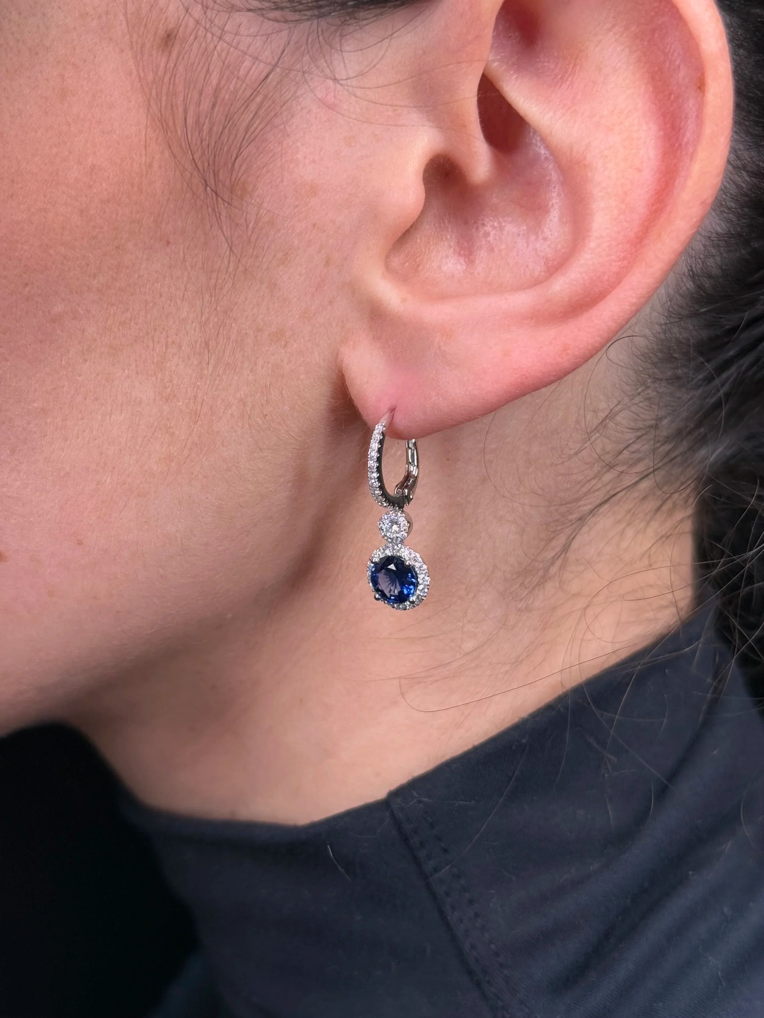 Ladies Dangling Round Sapphire Diamond Earrings - Image 3