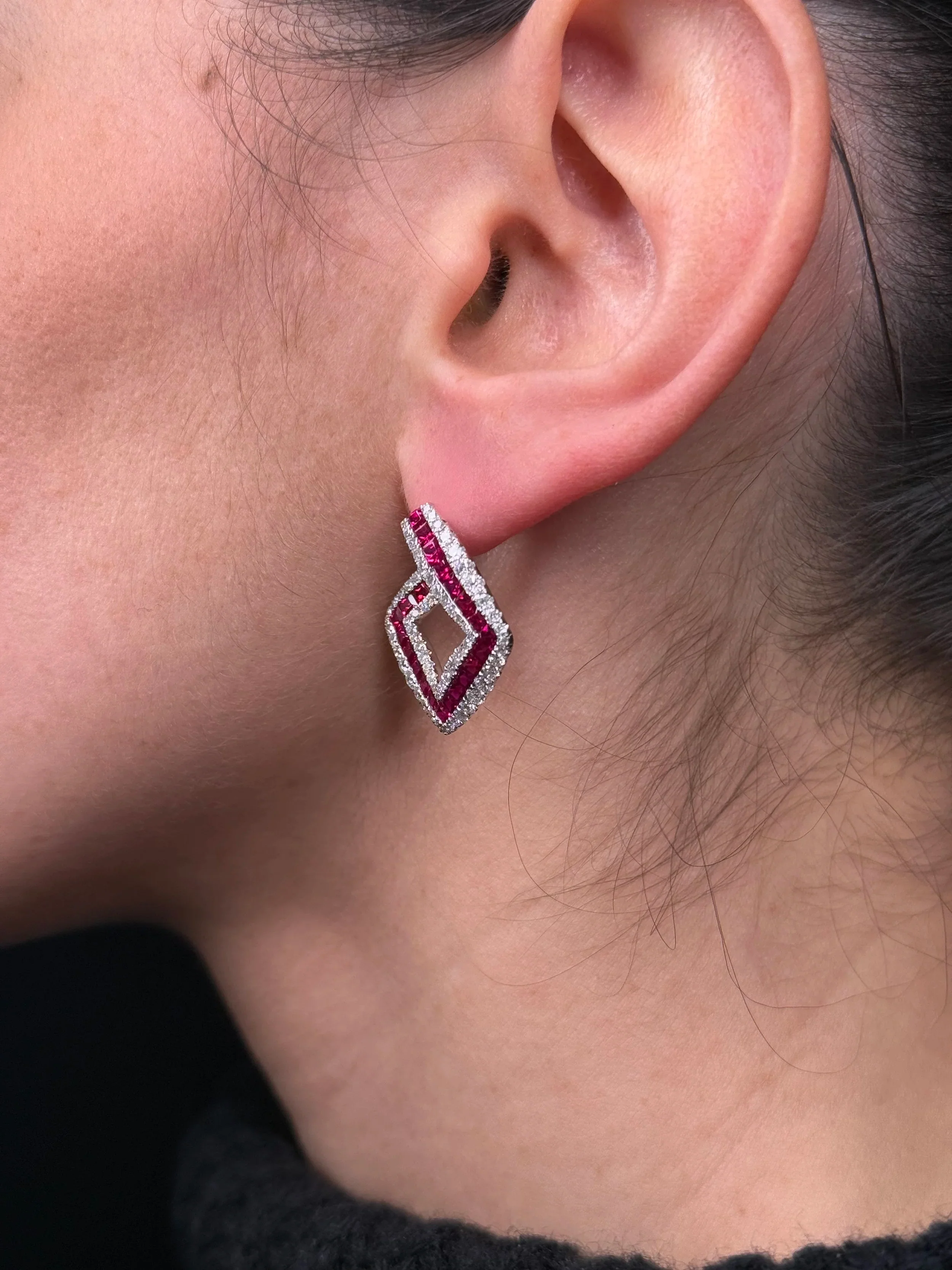 Ladies Diamond Shape Ruby and Diamond Earrings - Image 3