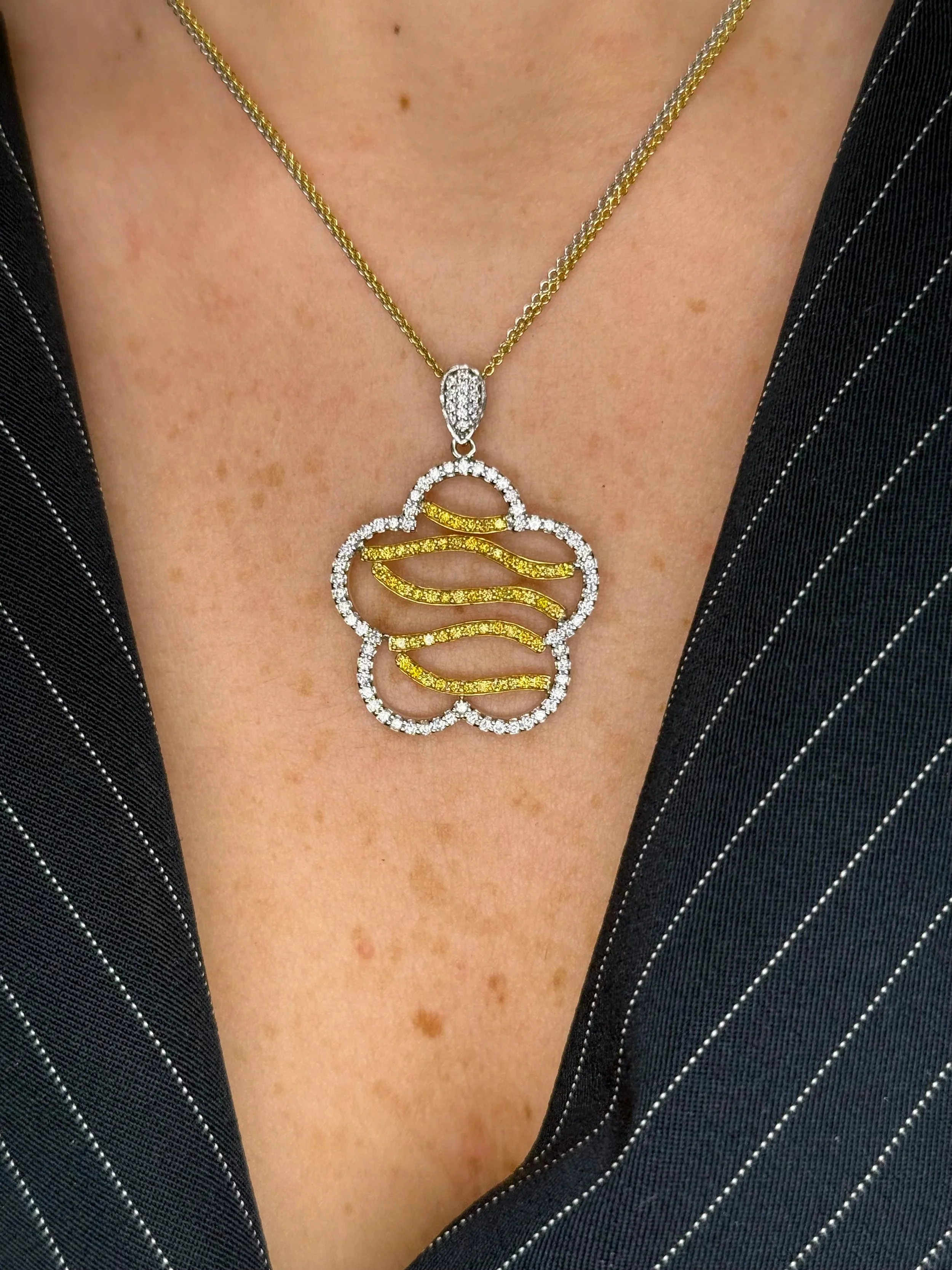 Ladies Double Chain Two Tone Yellow and Round Diamond Pendant - Image 2