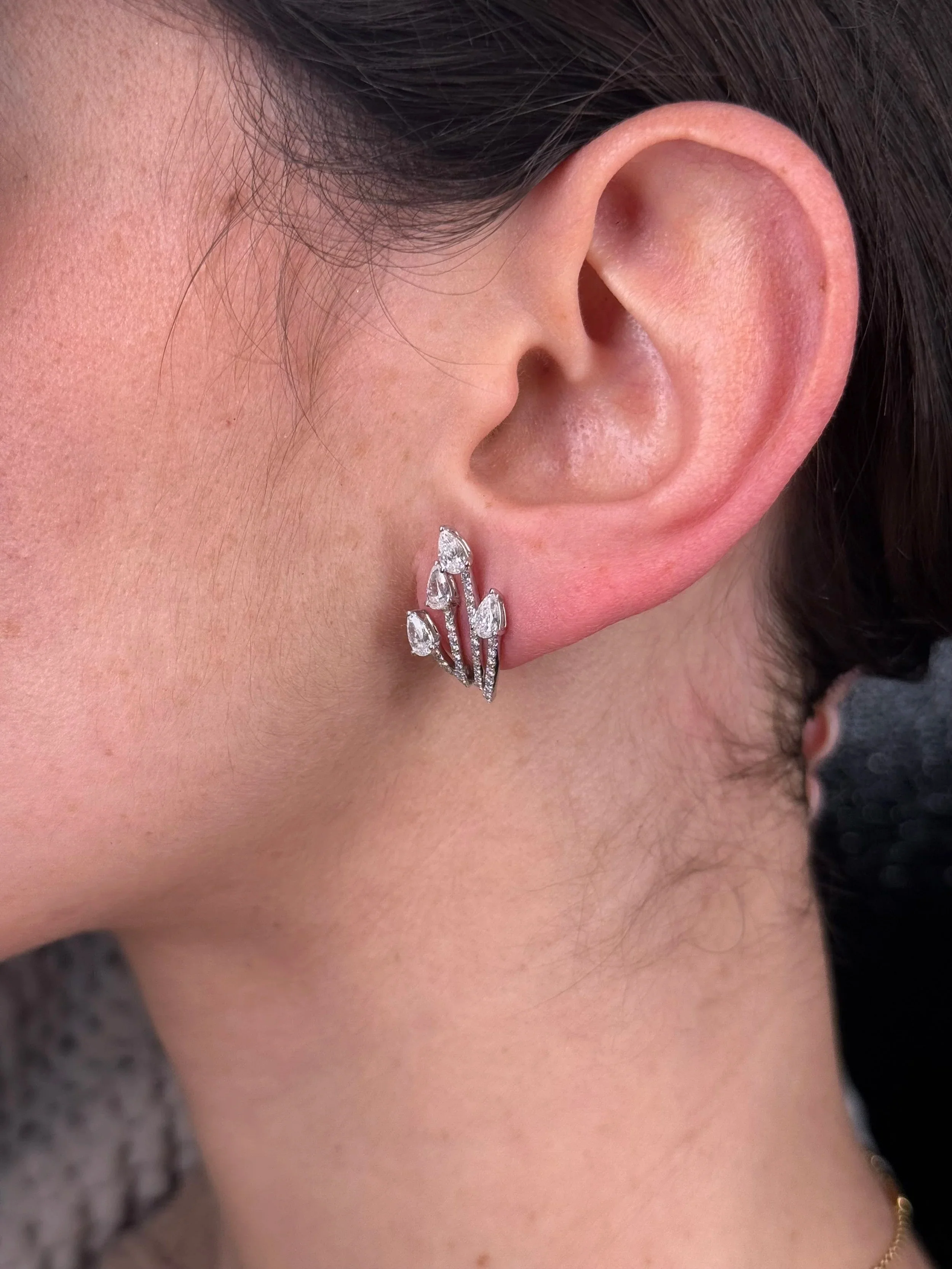 Ladies Elegant Pear and Round Diamond Earrings - Image 3