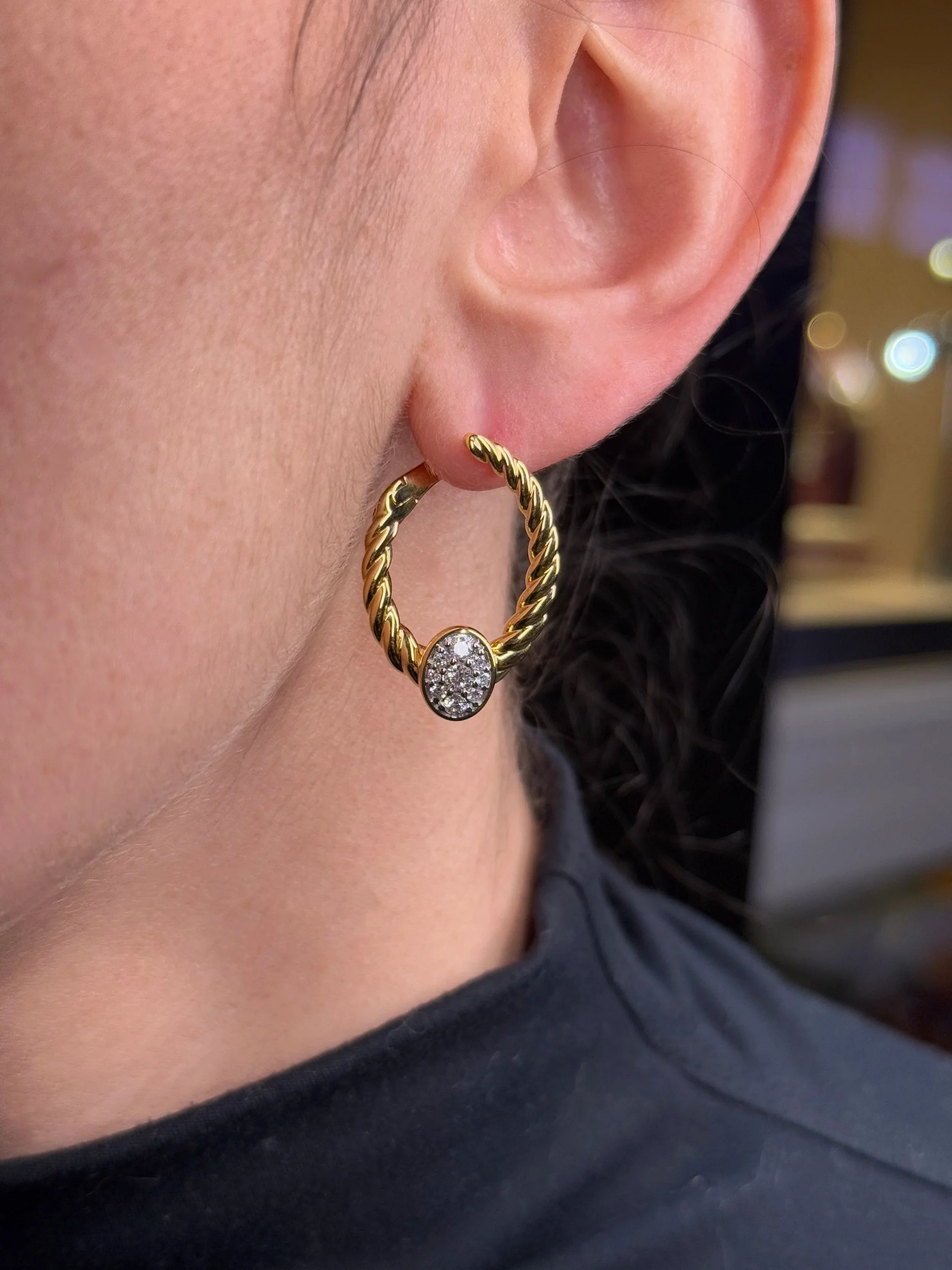 Ladies Fancy Gold Center Diamond Cluster Hoops - Image 2
