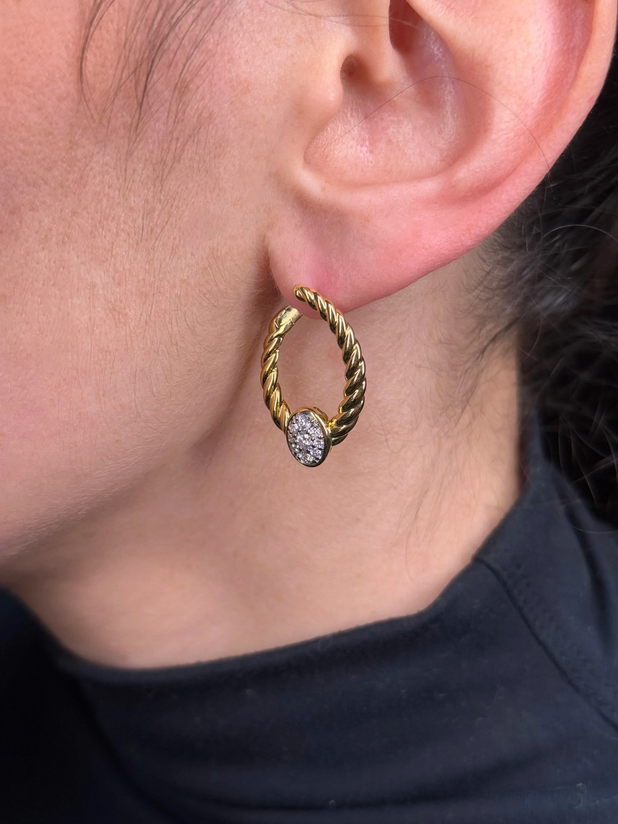 Ladies Fancy Gold Center Diamond Cluster Hoops - Image 3