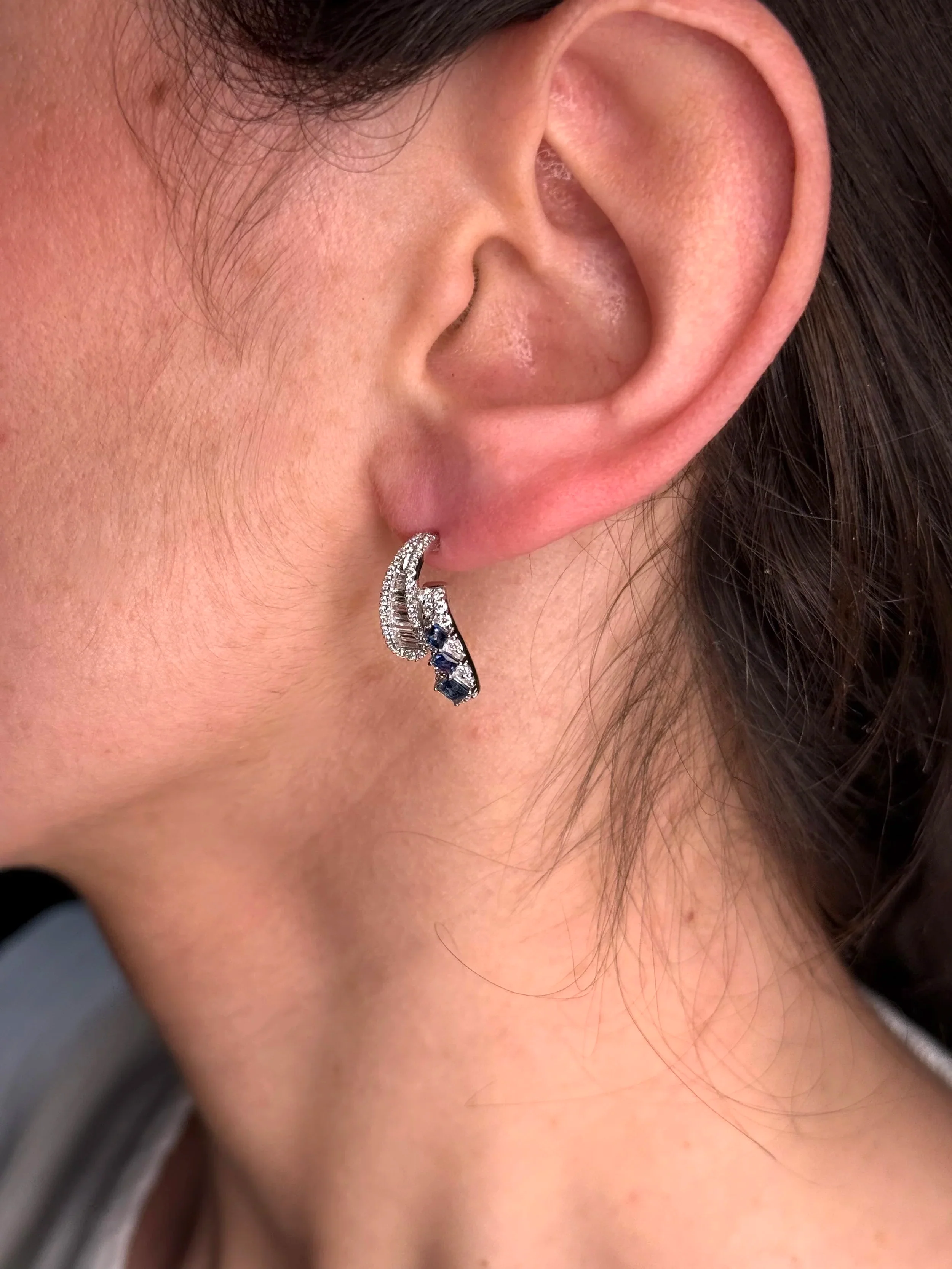 Ladies Fancy Sapphire, Round and Baguette Diamond Earring - Image 3